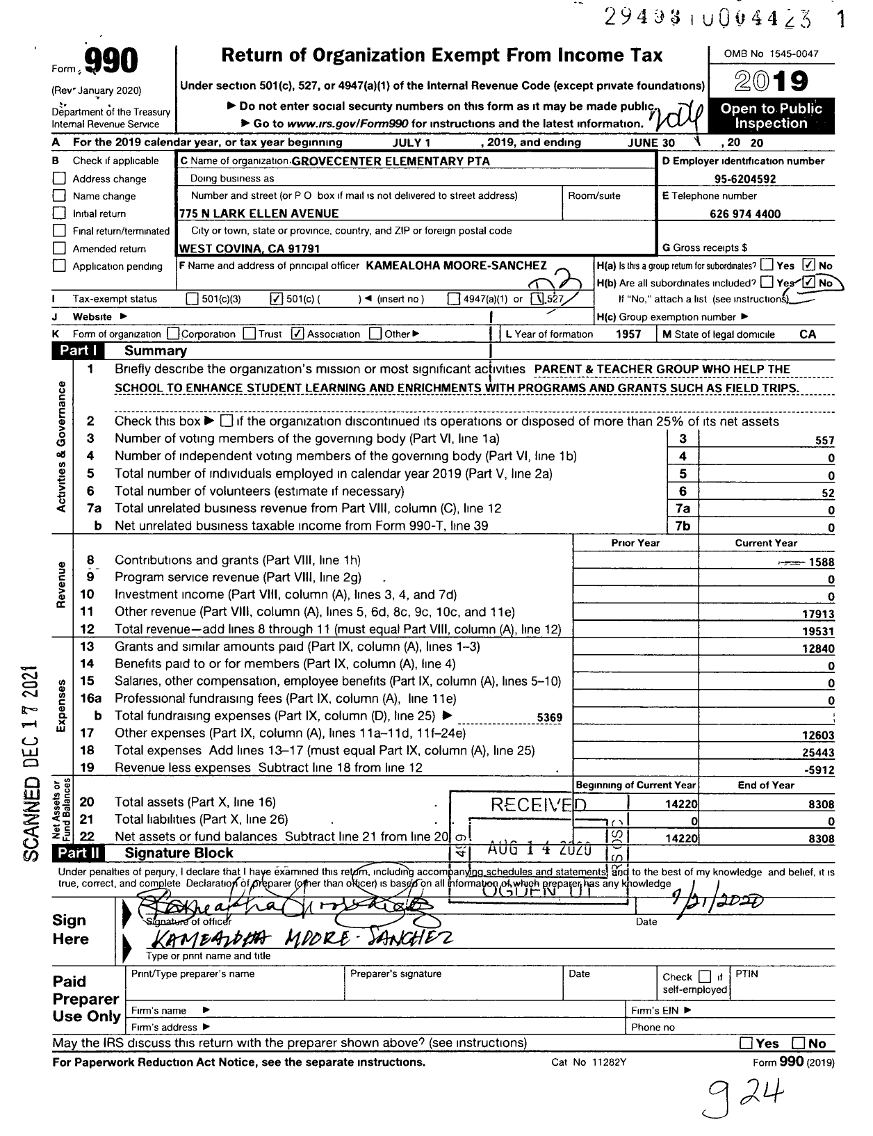 Image of first page of 2019 Form 990 for California State PTA - Grovecenter Elementary School PTA