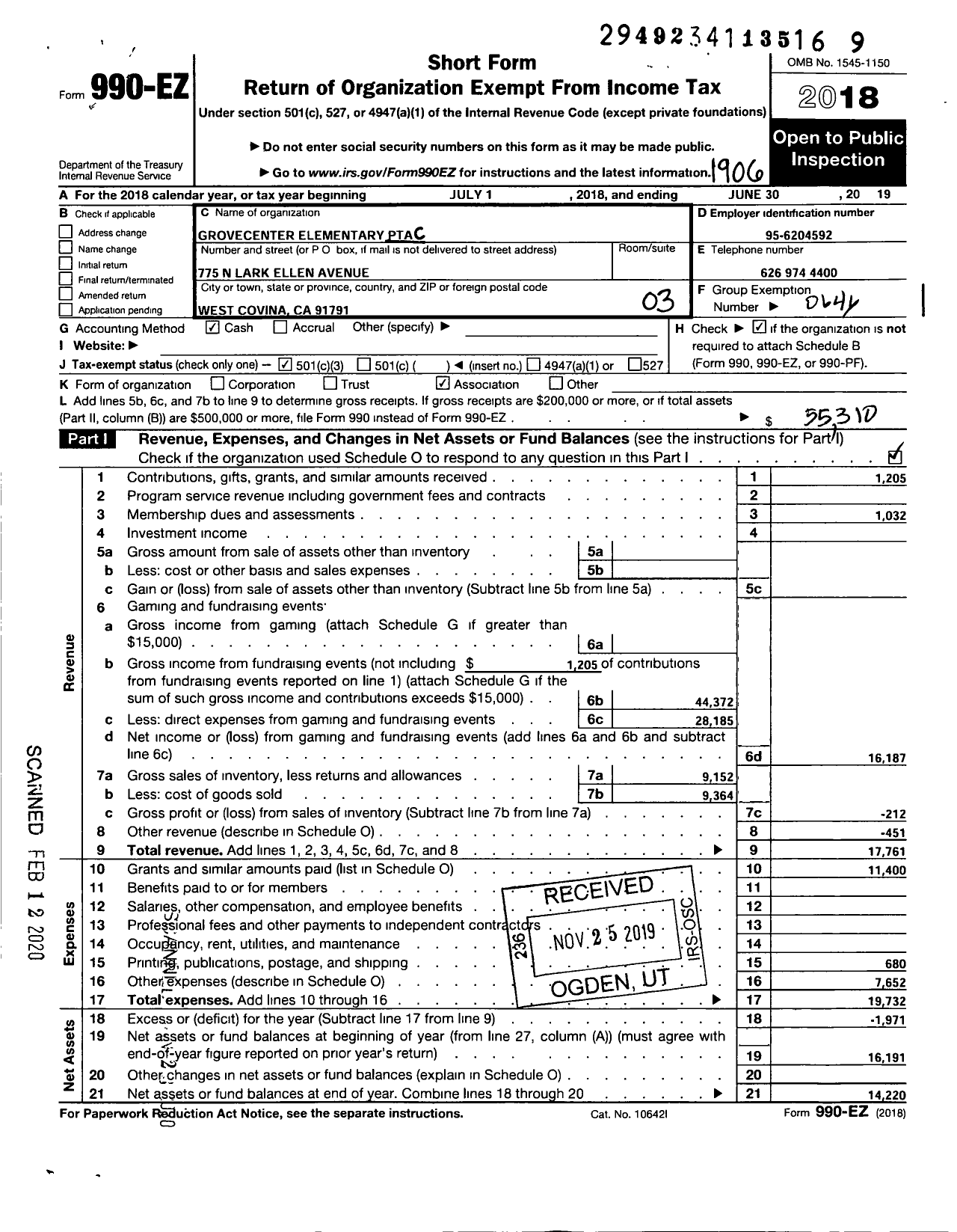 Image of first page of 2018 Form 990EZ for California State PTA - Grovecenter Elementary School PTA