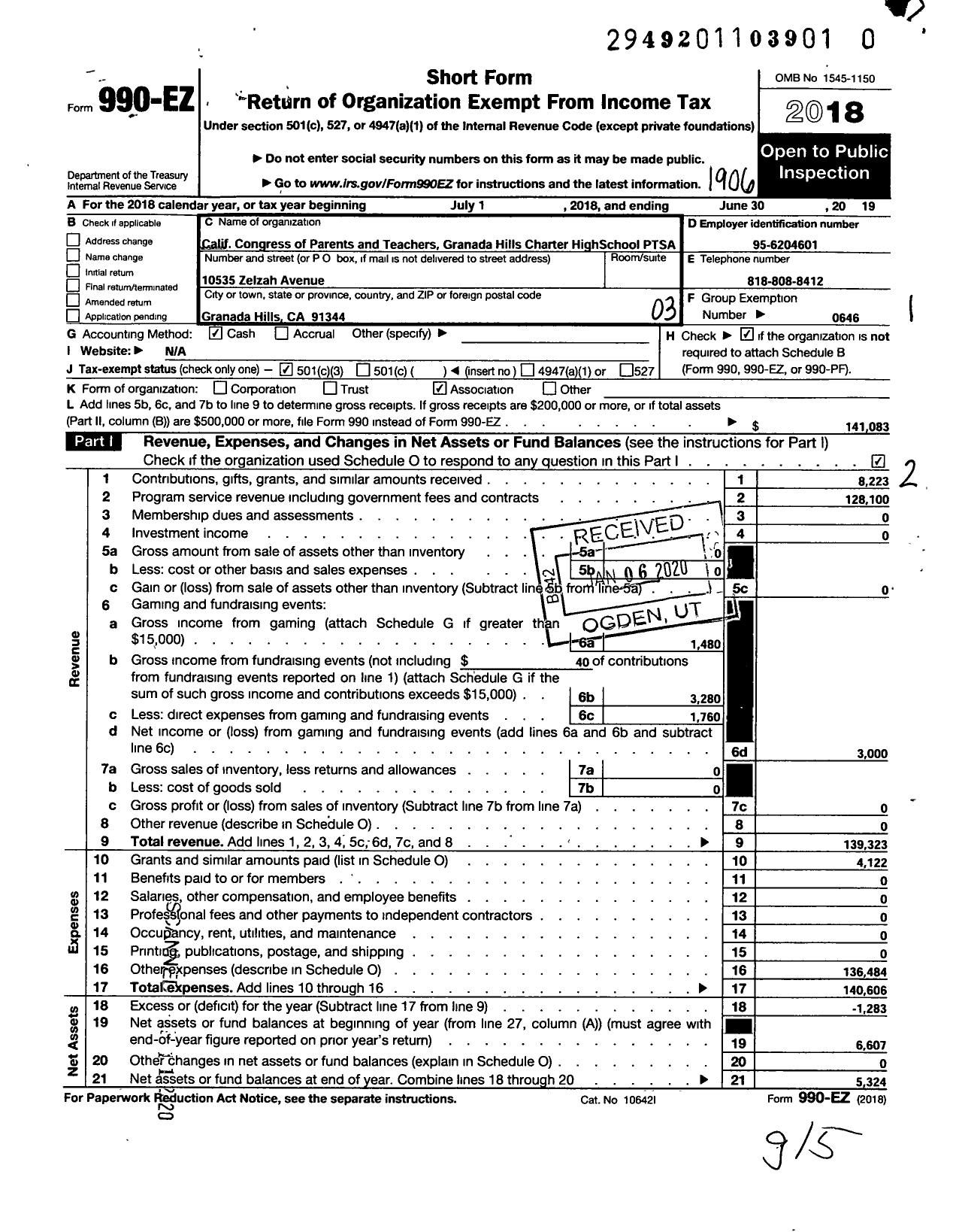 Image of first page of 2018 Form 990EZ for CALIFORNIA State PTA - Granada Hills Charter High School P