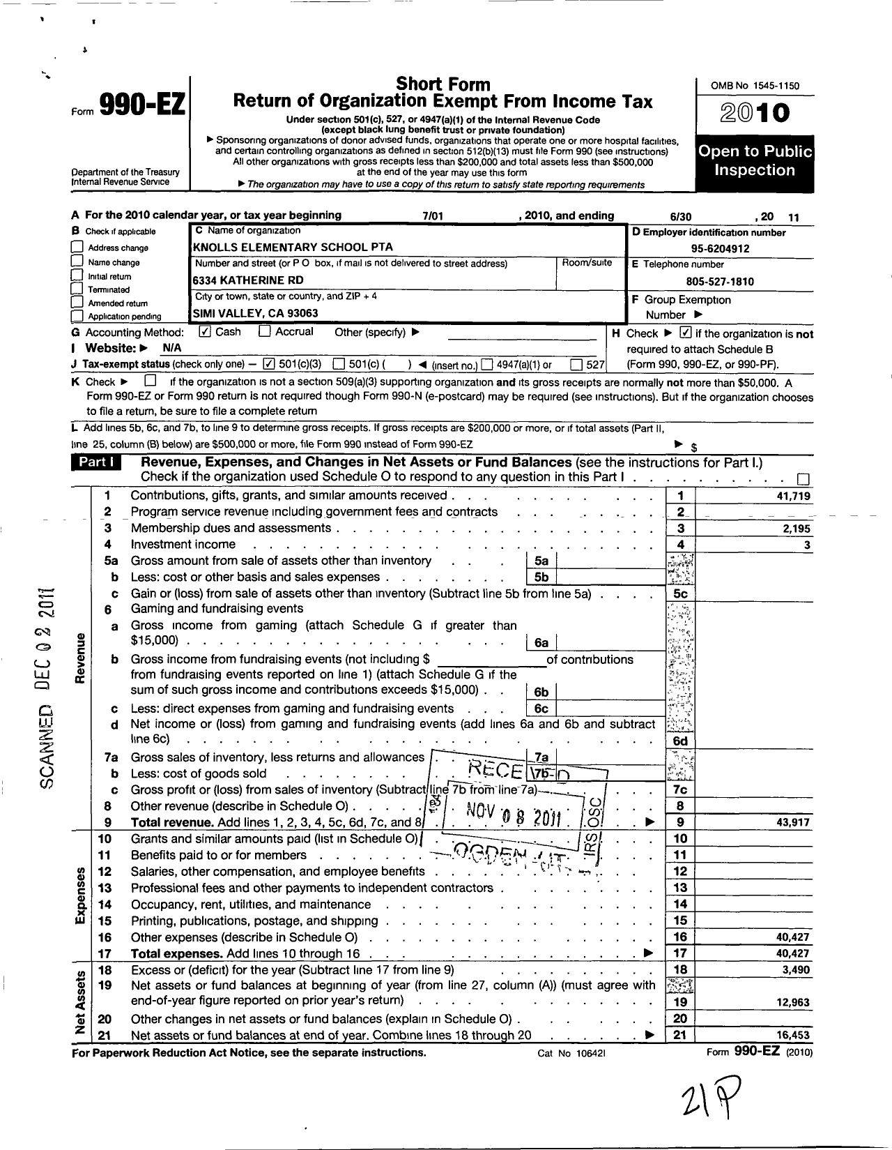 Image of first page of 2010 Form 990EZ for California State PTA - Knolls Elementary PTA
