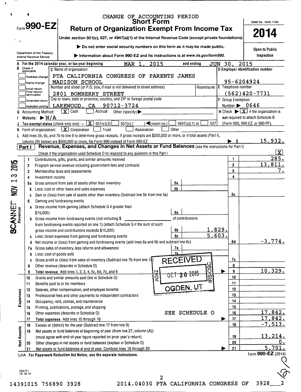 Image of first page of 2014 Form 990EZ for California State PTA - James Madison Elementary PTA
