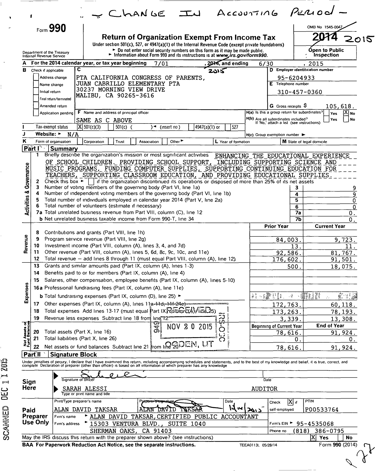 Image of first page of 2014 Form 990 for California State PTA - Juan Cabrillo Elementary PTA