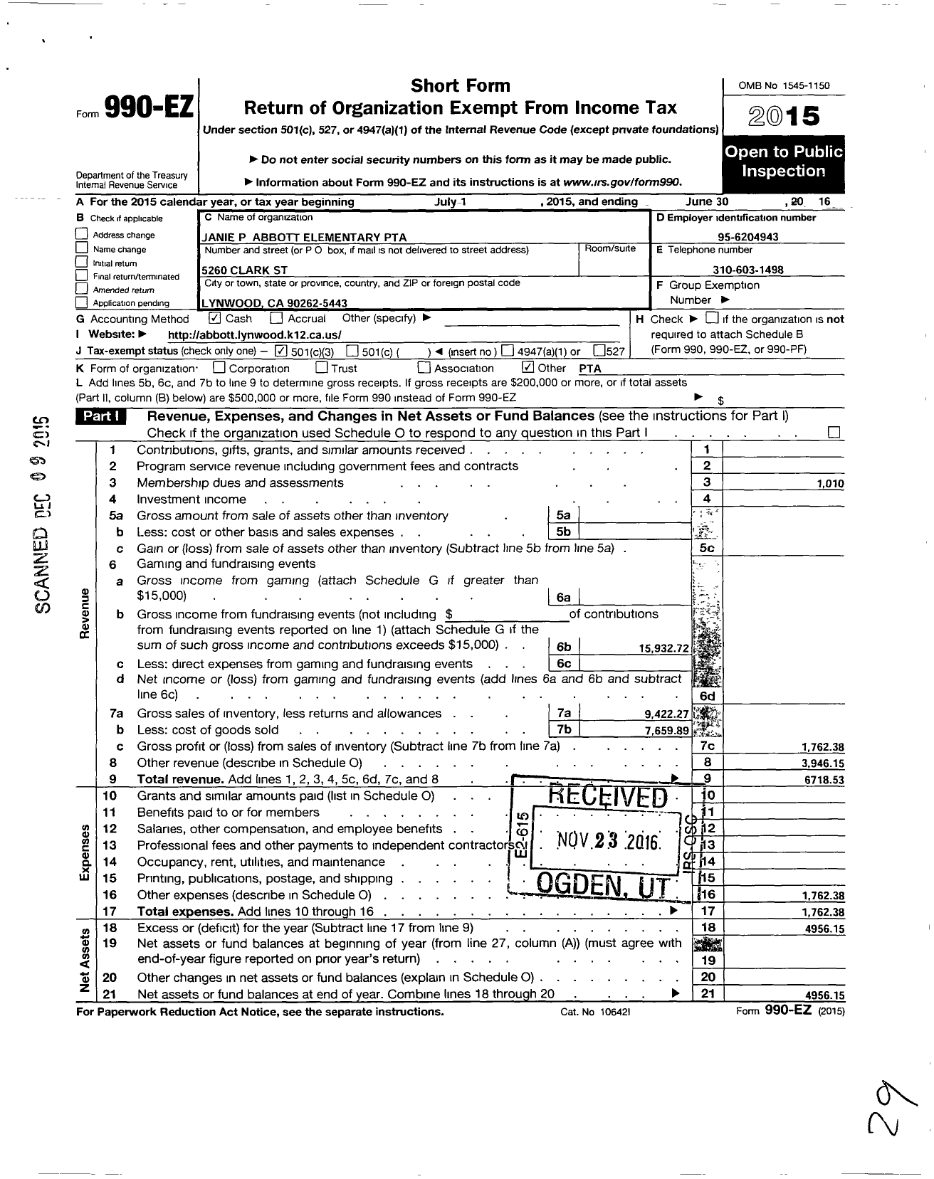 Image of first page of 2015 Form 990EZ for California State PTA - Janie P Abbott Elementary School PT