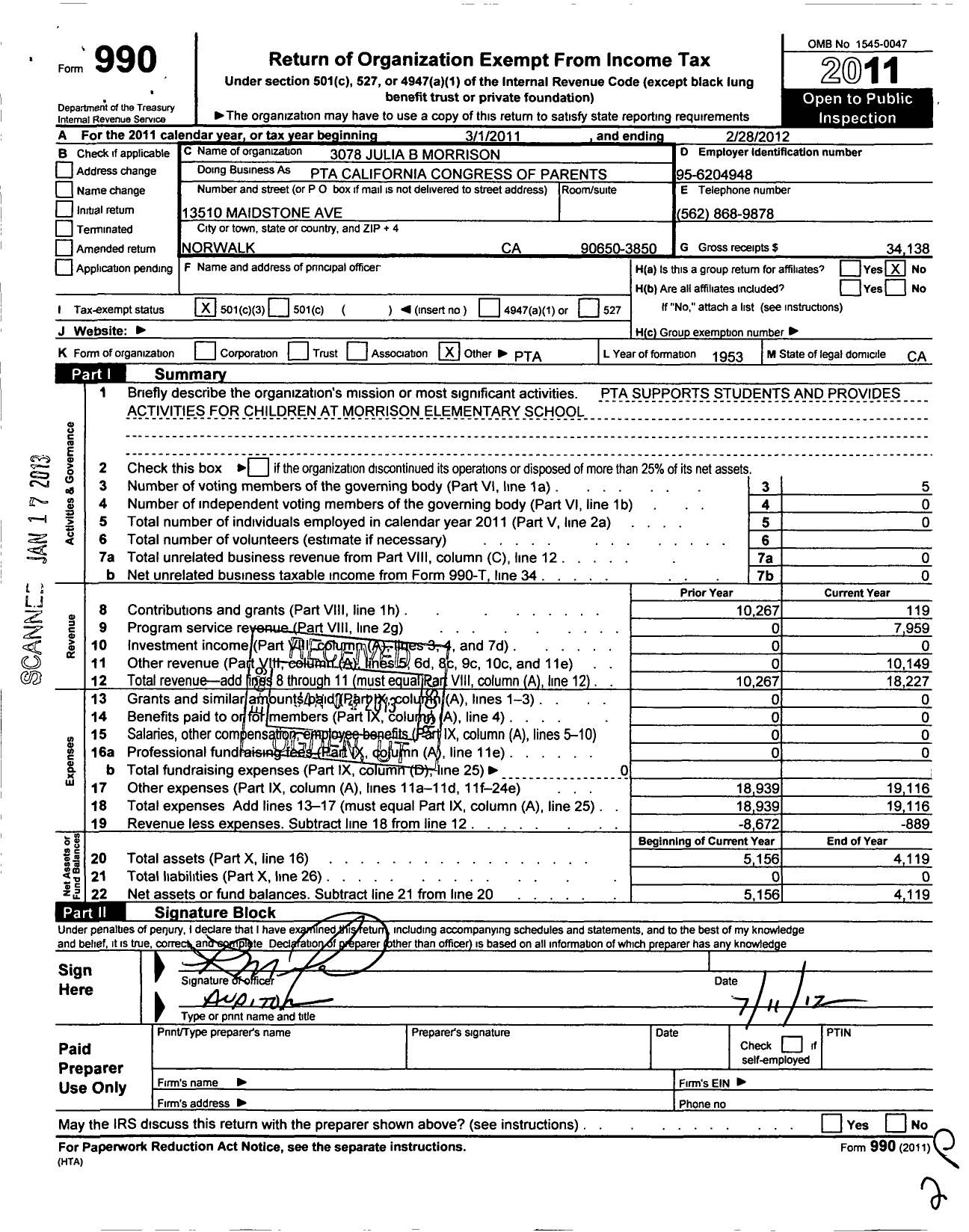 Image of first page of 2011 Form 990 for California State PTA - Julia B Morrison Elementary PTA