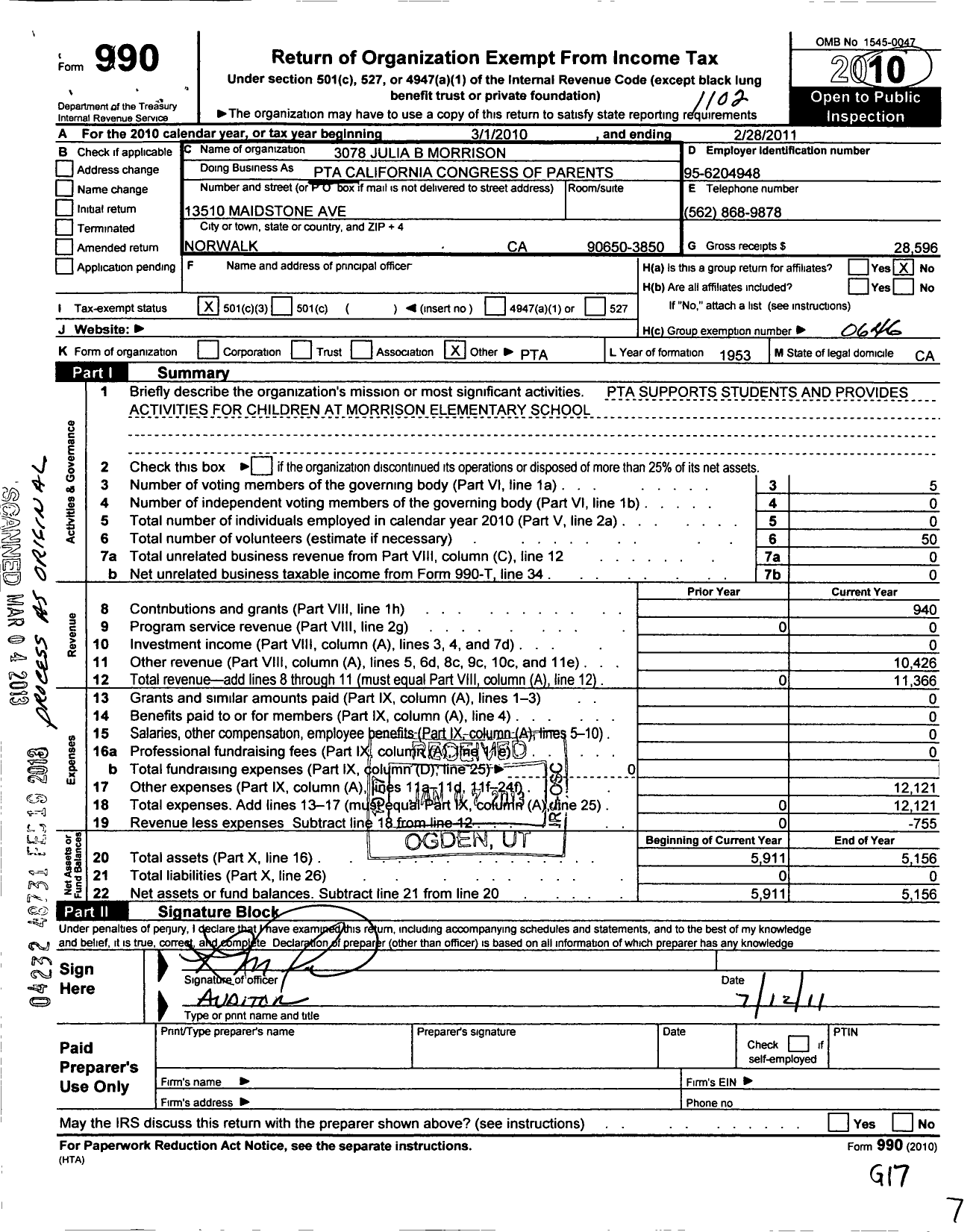 Image of first page of 2010 Form 990 for California State PTA - Julia B Morrison Elementary PTA