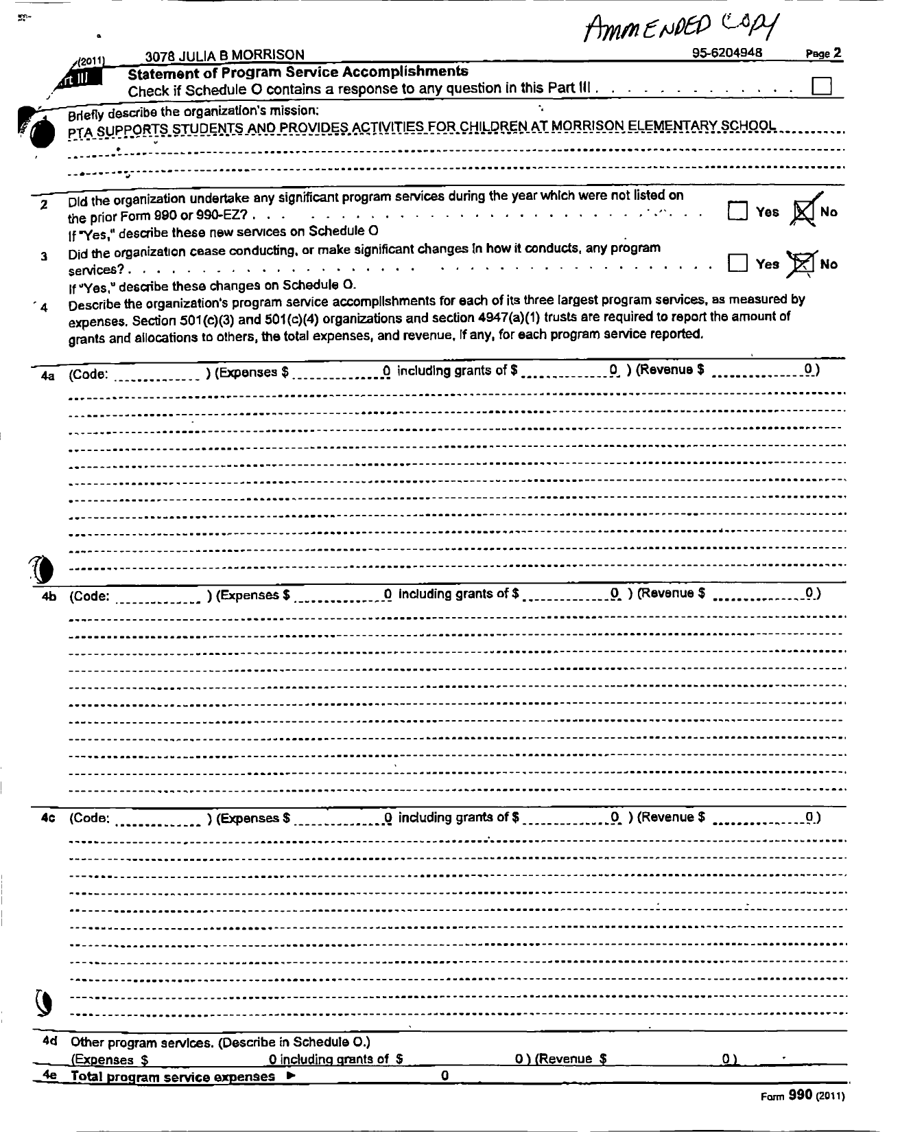 Image of first page of 2011 Form 990R for California State PTA - Julia B Morrison Elementary PTA