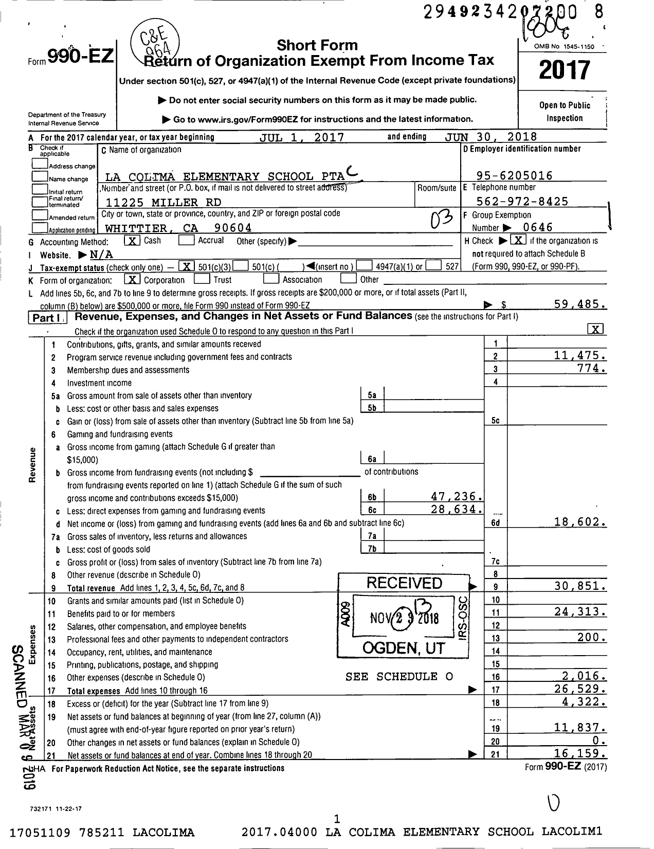 Image of first page of 2017 Form 990EZ for California State PTA - La Colima Elementary PTA