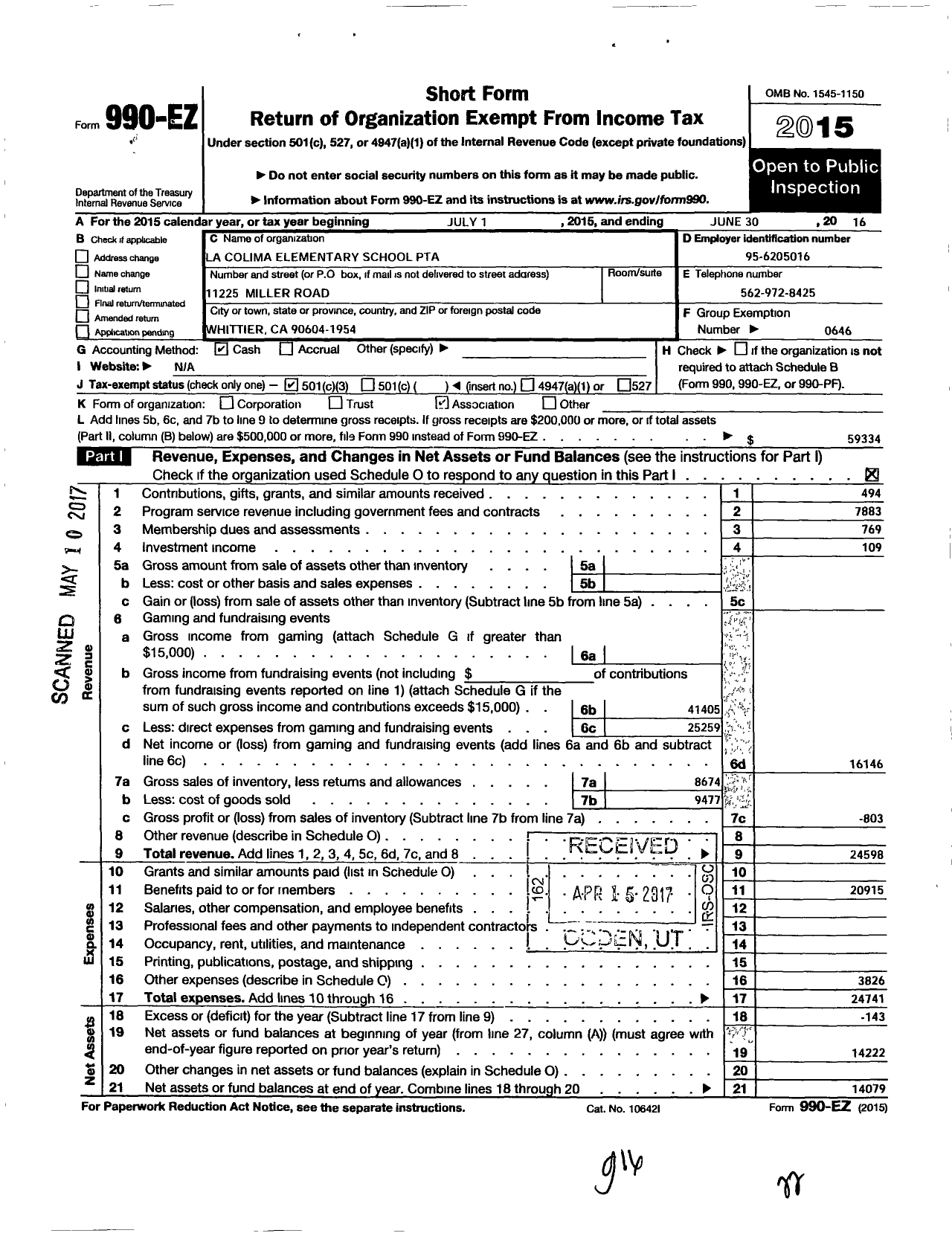Image of first page of 2015 Form 990EZ for California State PTA - La Colima Elementary PTA