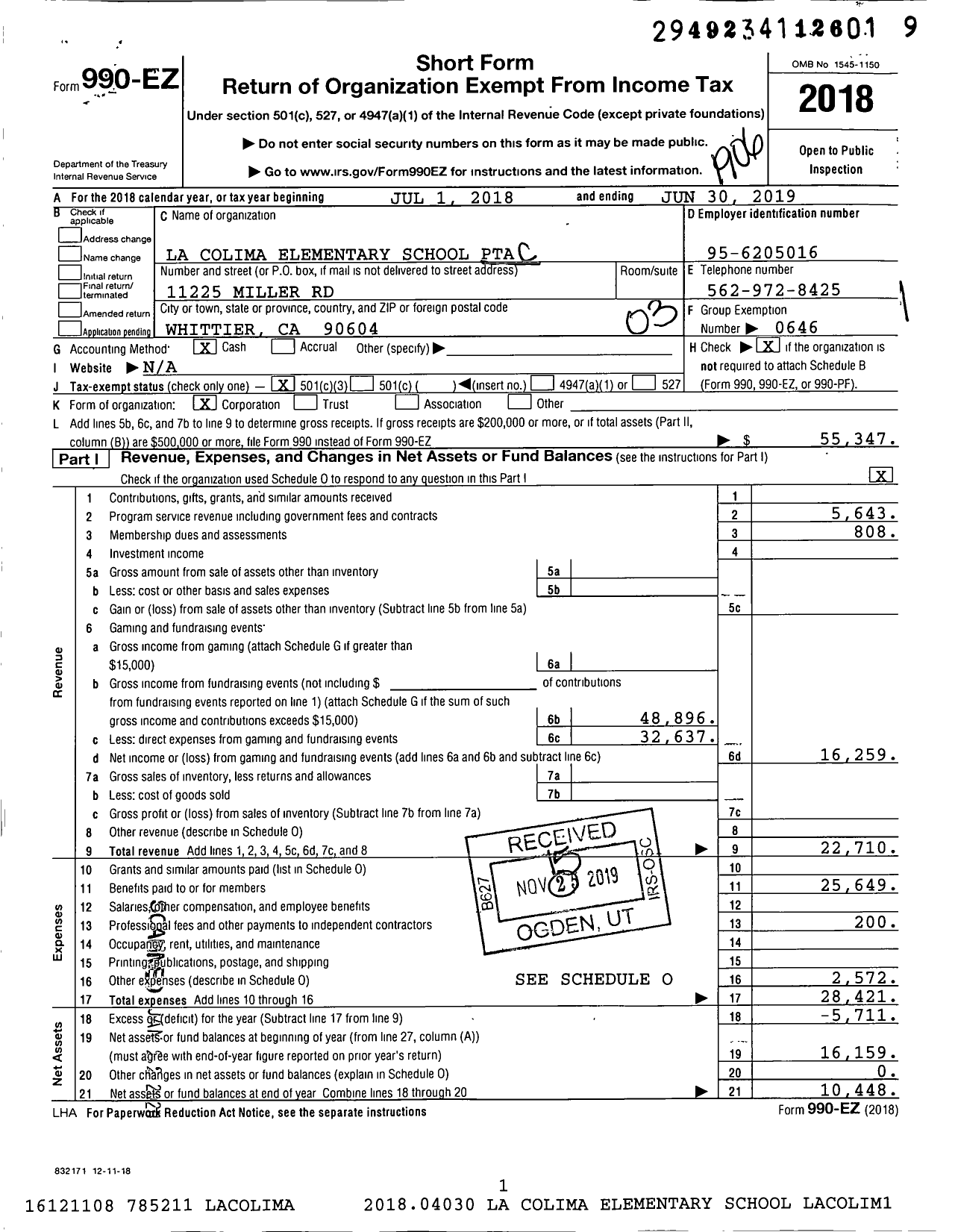 Image of first page of 2018 Form 990EZ for California State PTA - La Colima Elementary PTA