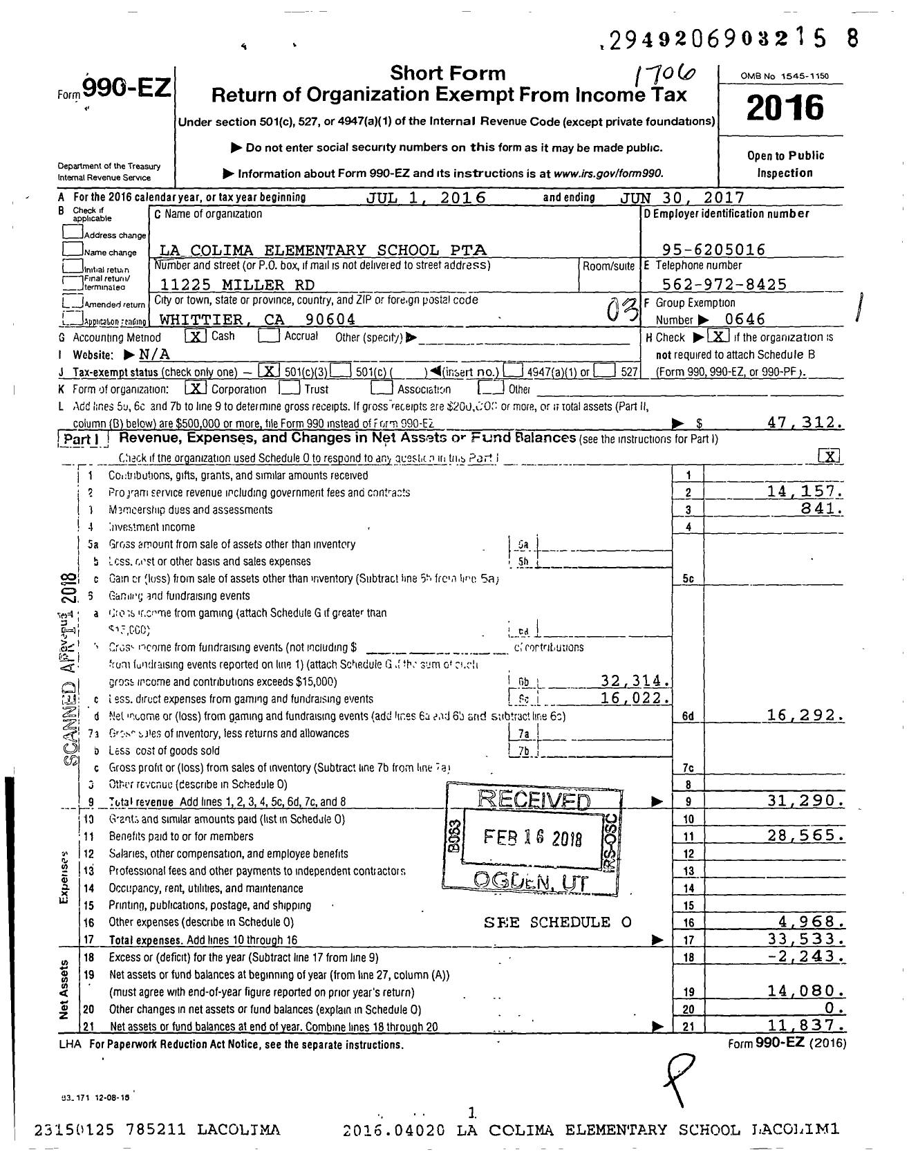 Image of first page of 2016 Form 990EZ for California State PTA - La Colima Elementary PTA