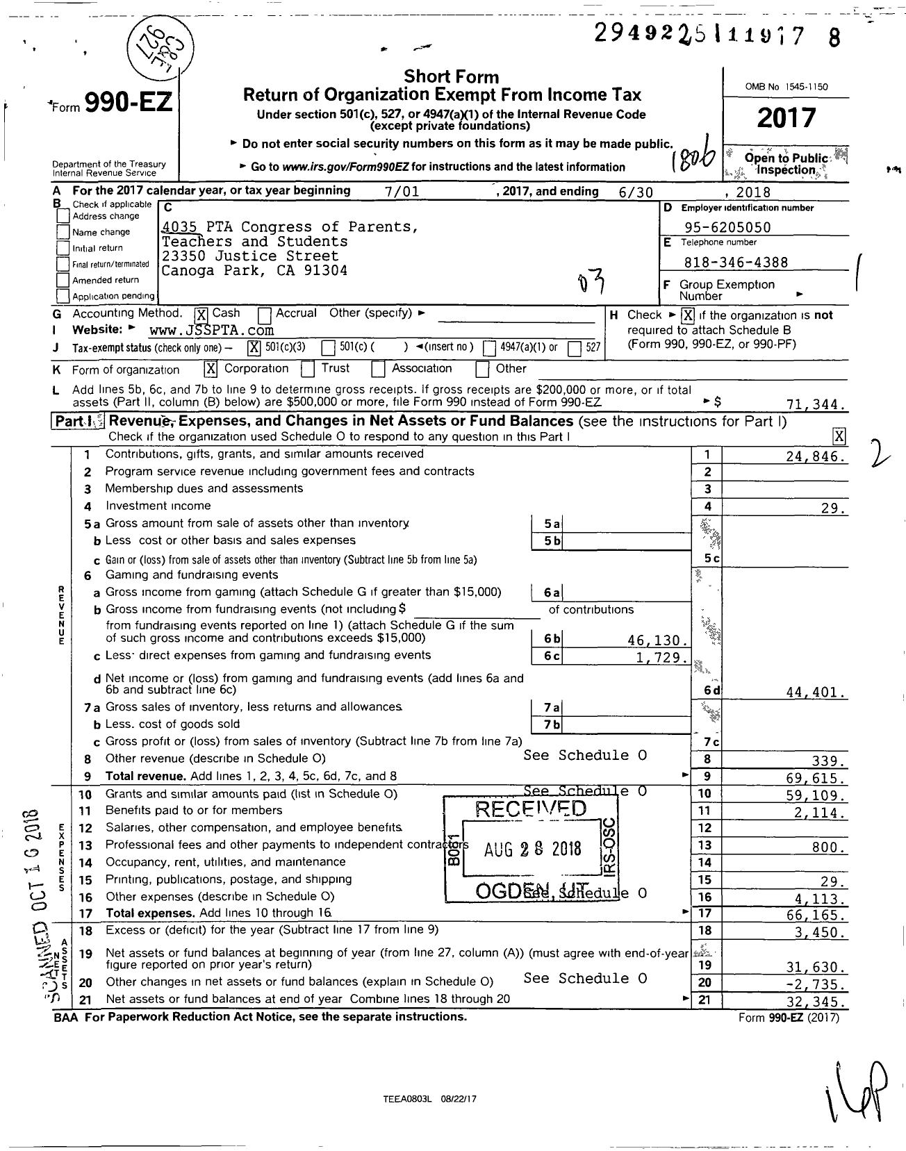 Image of first page of 2017 Form 990EZ for California State PTA - Justice Street Elementary PTA