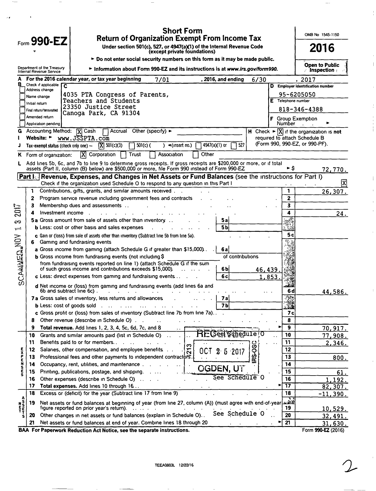 Image of first page of 2016 Form 990EZ for California State PTA - Justice Street Elementary PTA