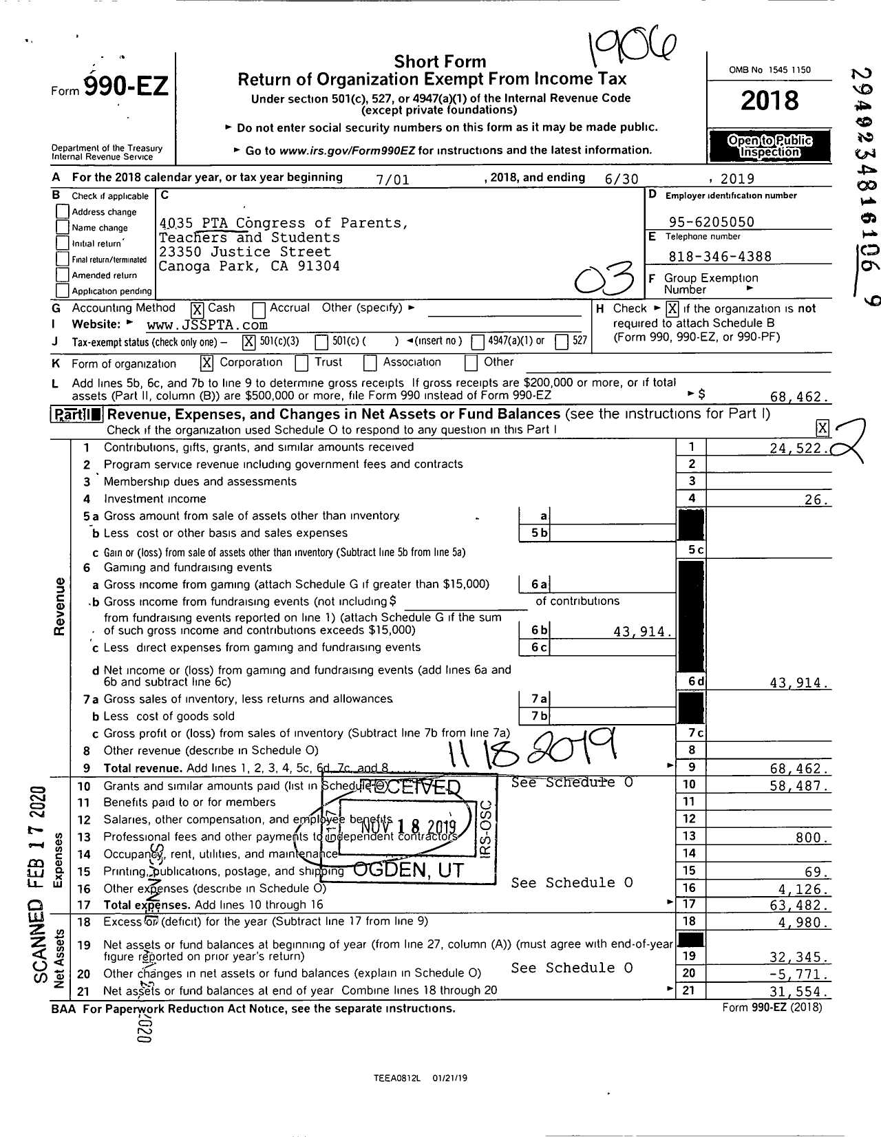 Image of first page of 2018 Form 990EZ for California State PTA - Justice Street Elementary PTA