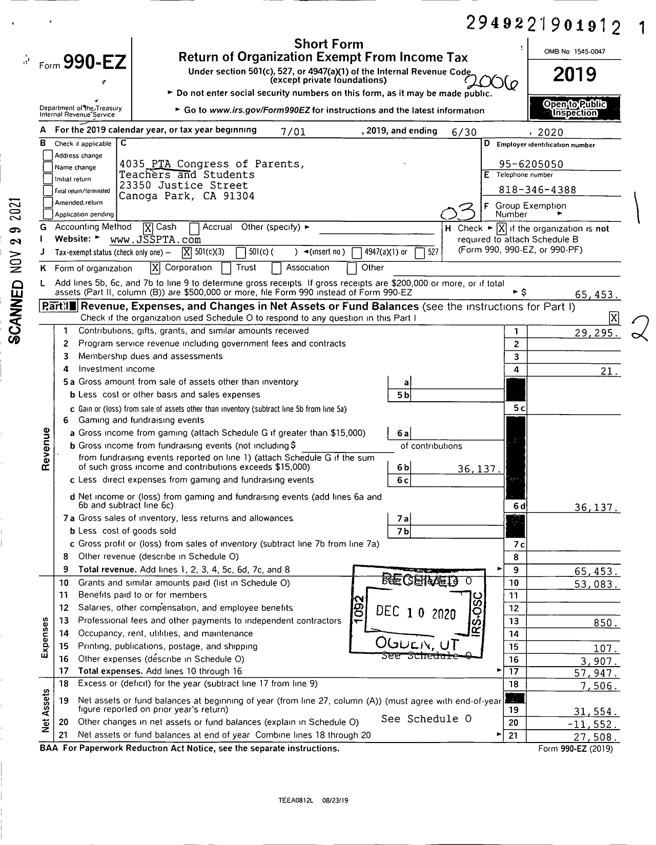 Image of first page of 2019 Form 990EZ for California State PTA - Justice Street Elementary PTA