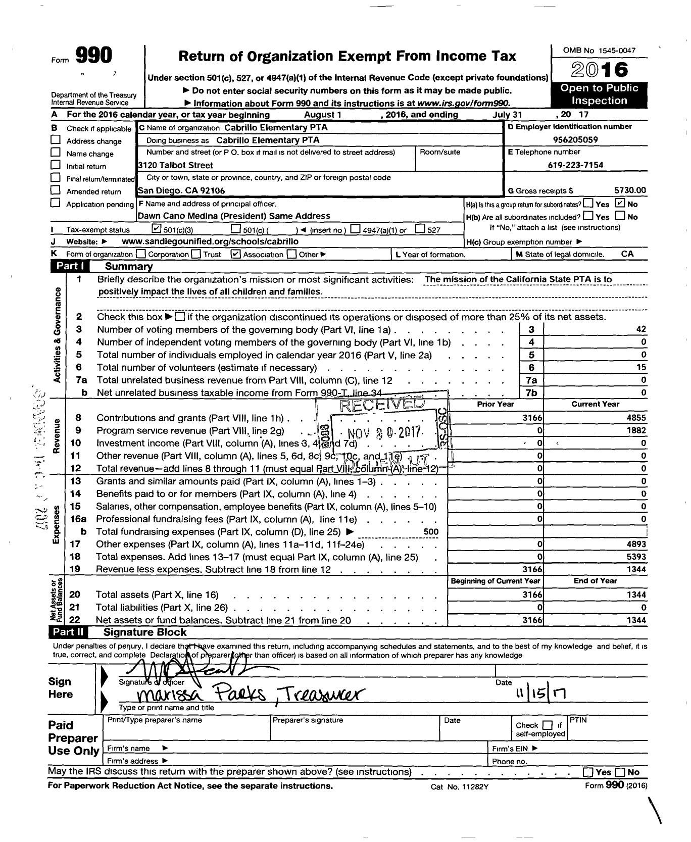 Image of first page of 2016 Form 990 for California State PTA - Cabrillo Elementary PTA