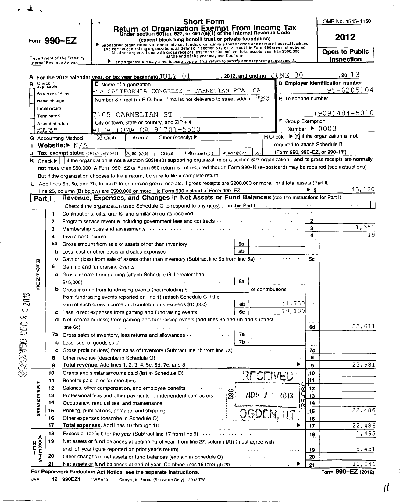 Image of first page of 2012 Form 990EZ for California State PTA - Carnelian Elem PTA