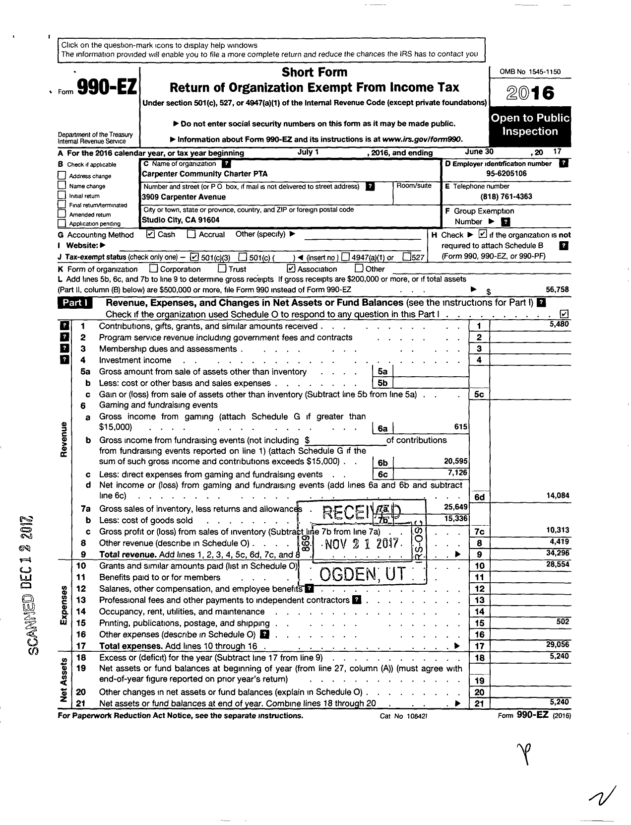 Image of first page of 2016 Form 990EZ for California State PTA - Carpenter Community Charter PTA