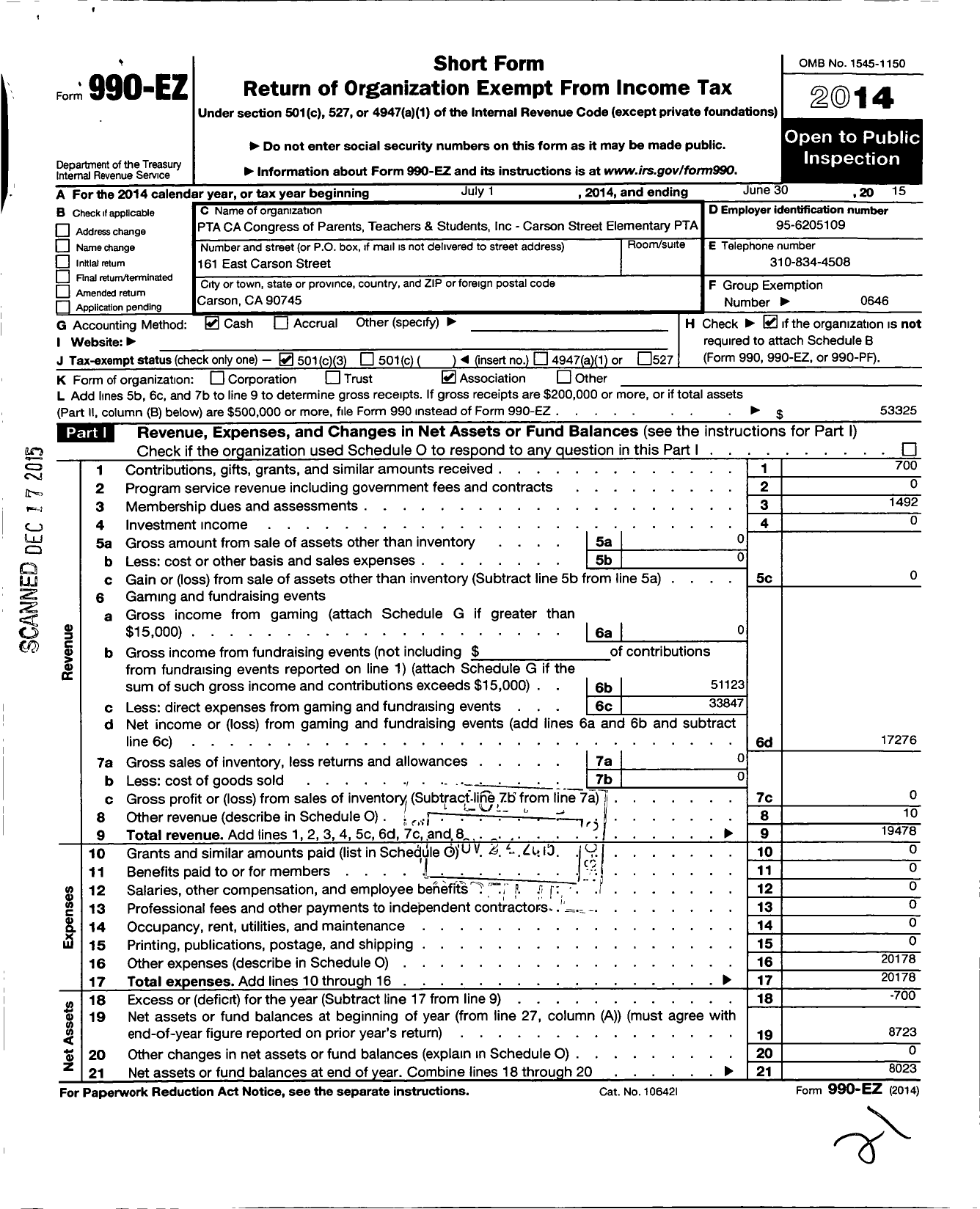 Image of first page of 2014 Form 990EZ for California State PTA - Carson Street Elementary PTA