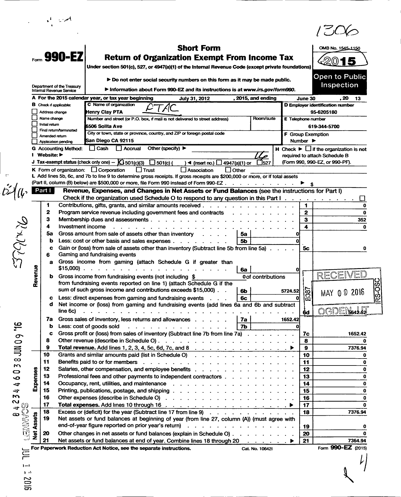 Image of first page of 2012 Form 990EZ for California State PTA - Henry Clay Elementary PTA