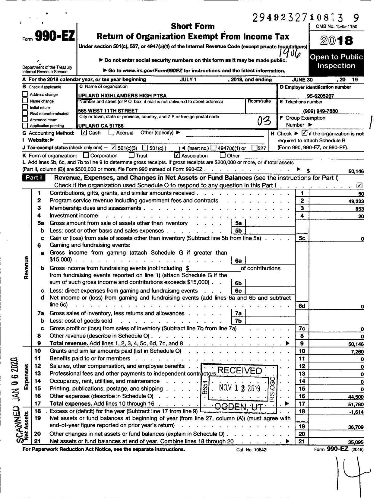 Image of first page of 2018 Form 990EZ for California State PTA - Upland Highlanders High Ptsa