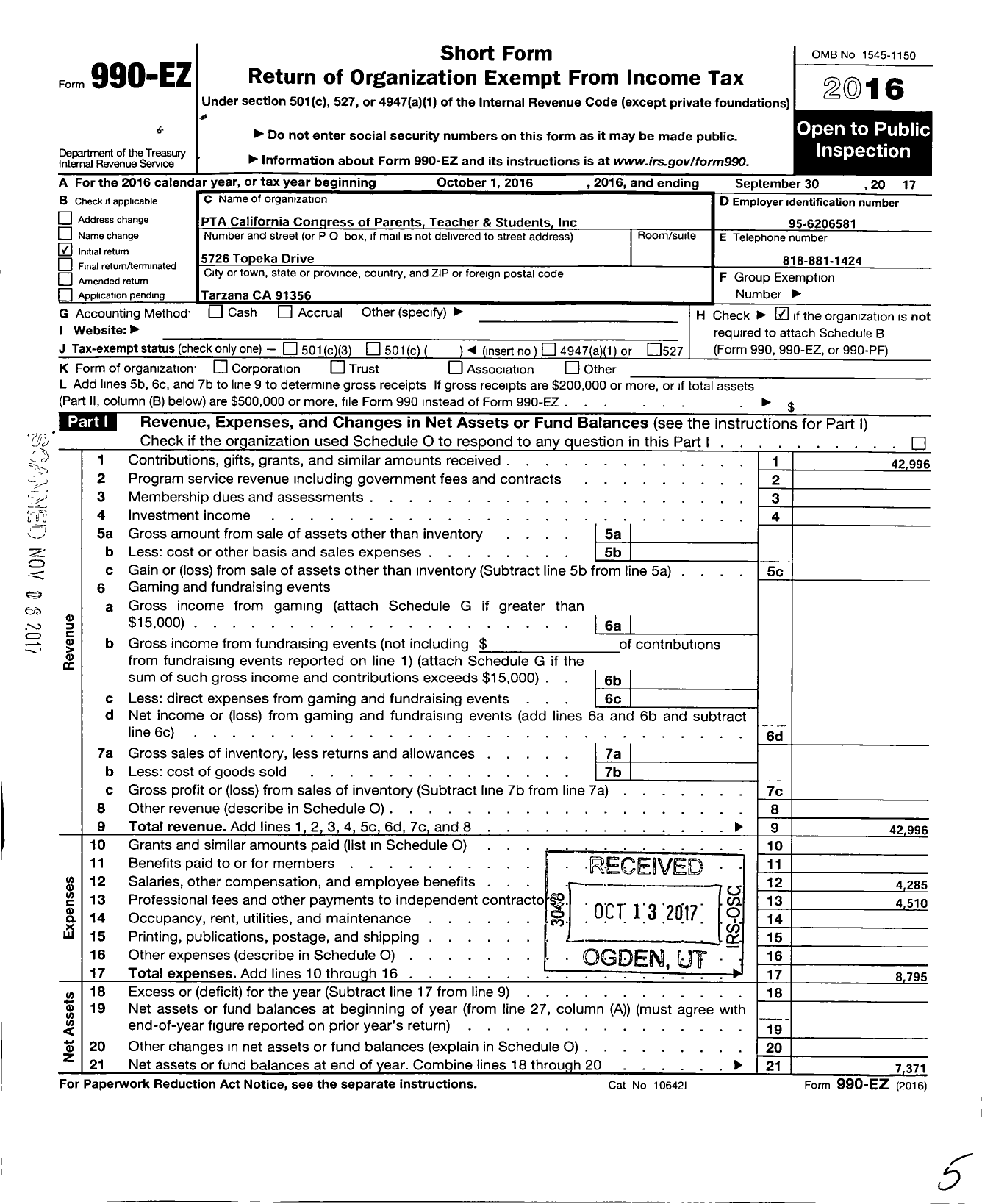 Image of first page of 2016 Form 990EO for California State PTA - Tarzana Elementary PTA