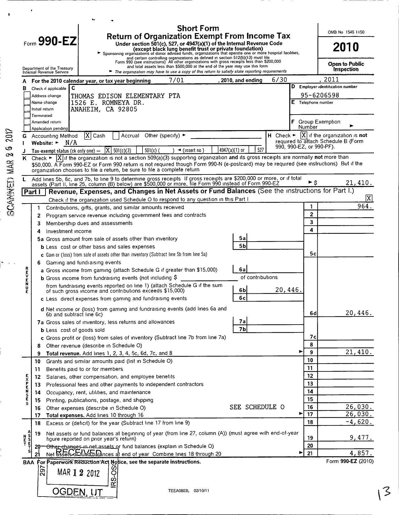 Image of first page of 2010 Form 990EZ for California State PTA - Thomas Edison Elementary PTA