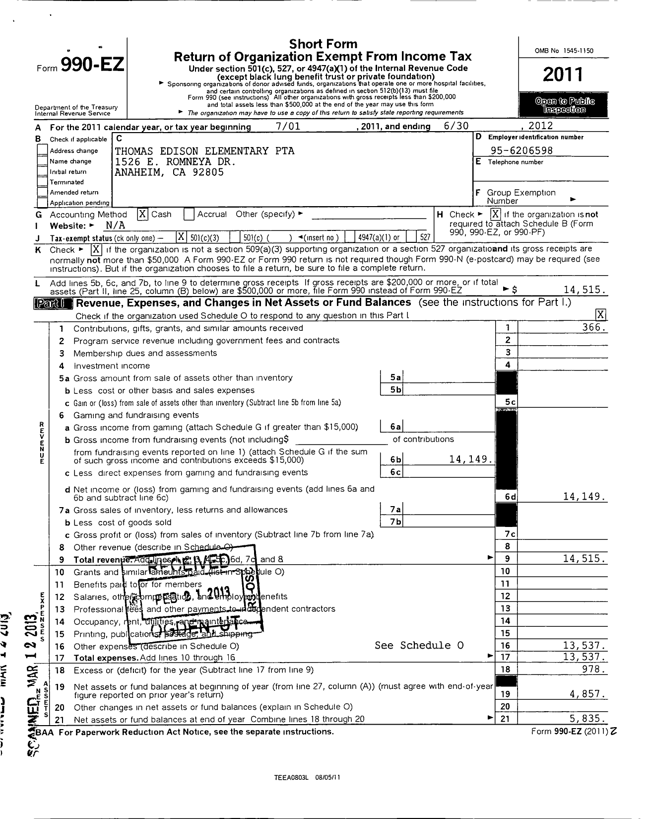 Image of first page of 2011 Form 990EZ for California State PTA - Thomas Edison Elementary PTA