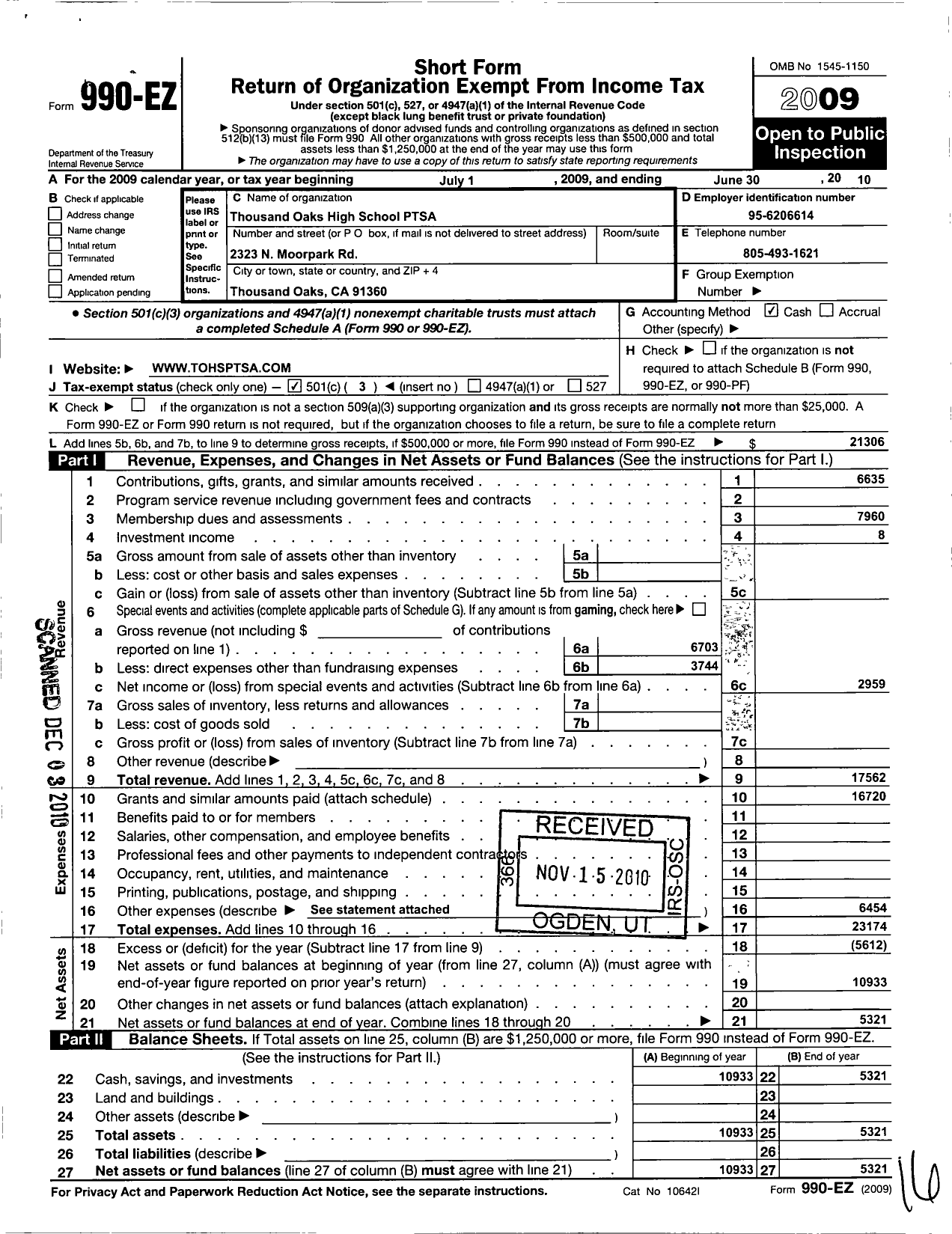 Image of first page of 2009 Form 990EZ for California State PTA - Thousand Oaks High School Ptsa