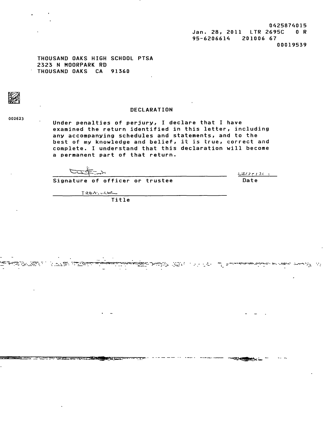 Image of first page of 2009 Form 990ER for California State PTA - Thousand Oaks High School Ptsa