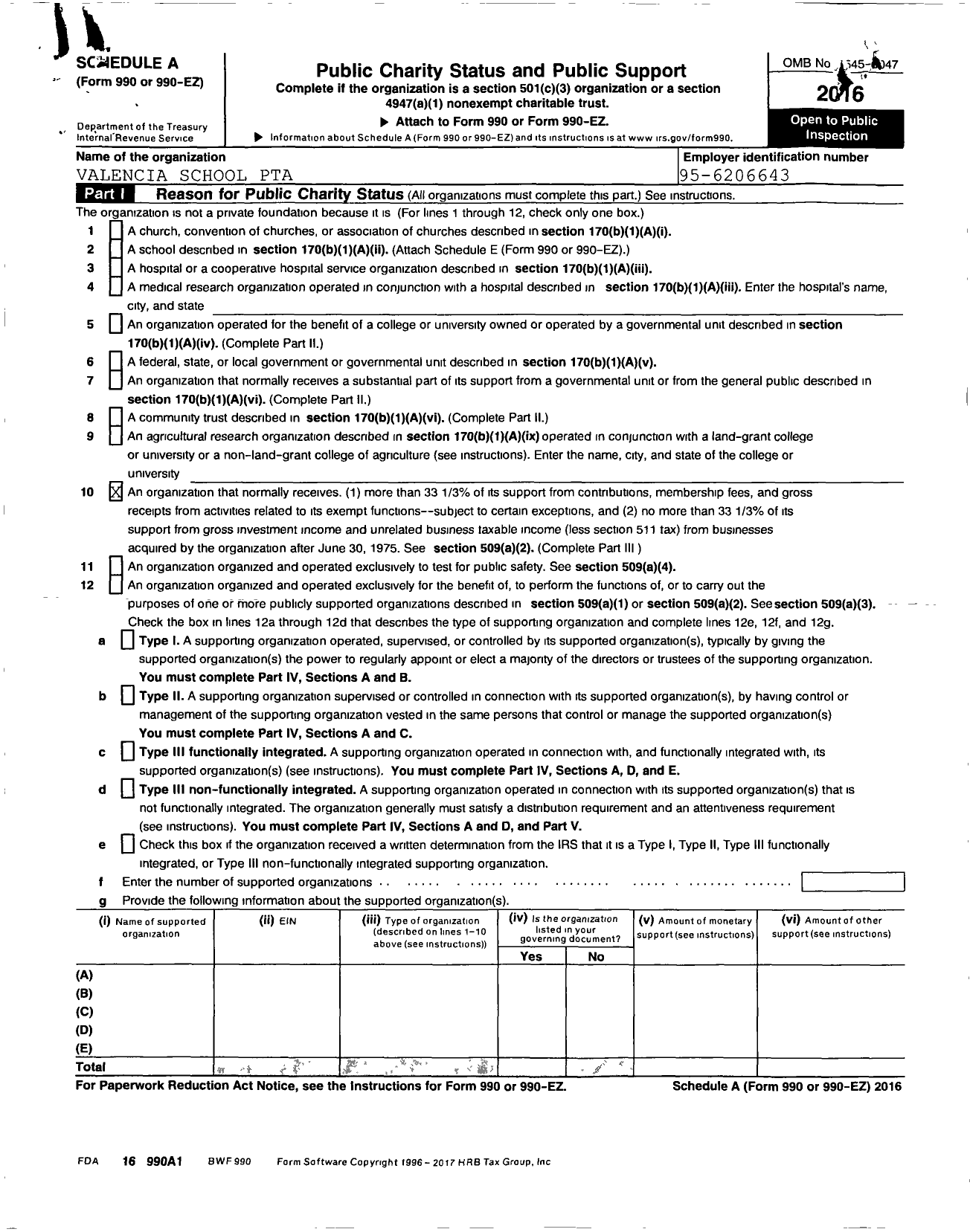 Image of first page of 2016 Form 990ER for California State PTA - Valencia Elementary PTA