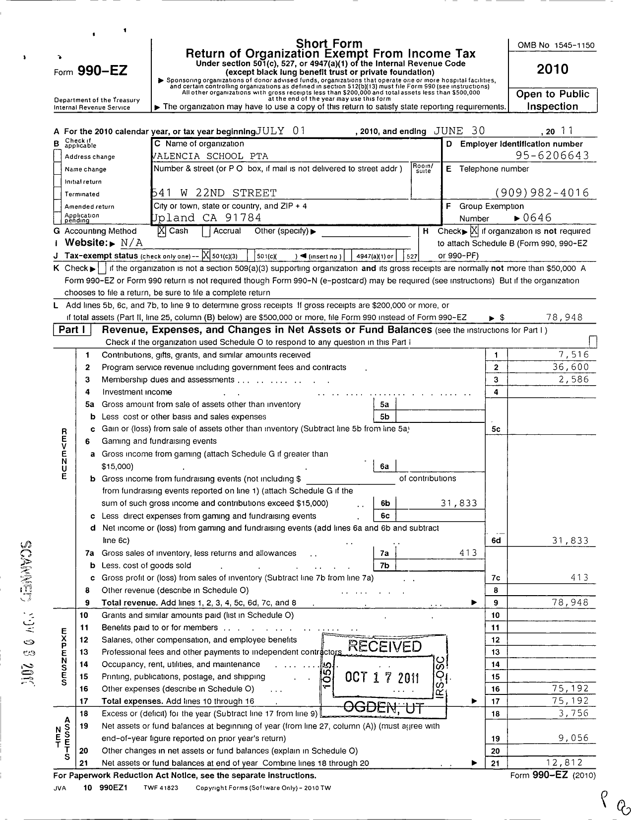 Image of first page of 2010 Form 990EZ for California State PTA - Valencia Elementary PTA