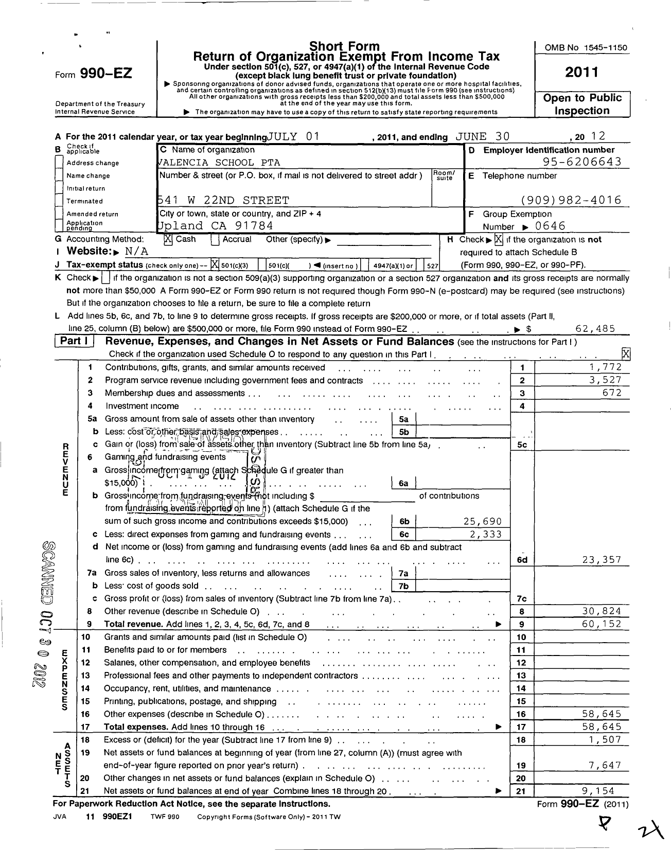 Image of first page of 2011 Form 990EZ for California State PTA - Valencia Elementary PTA