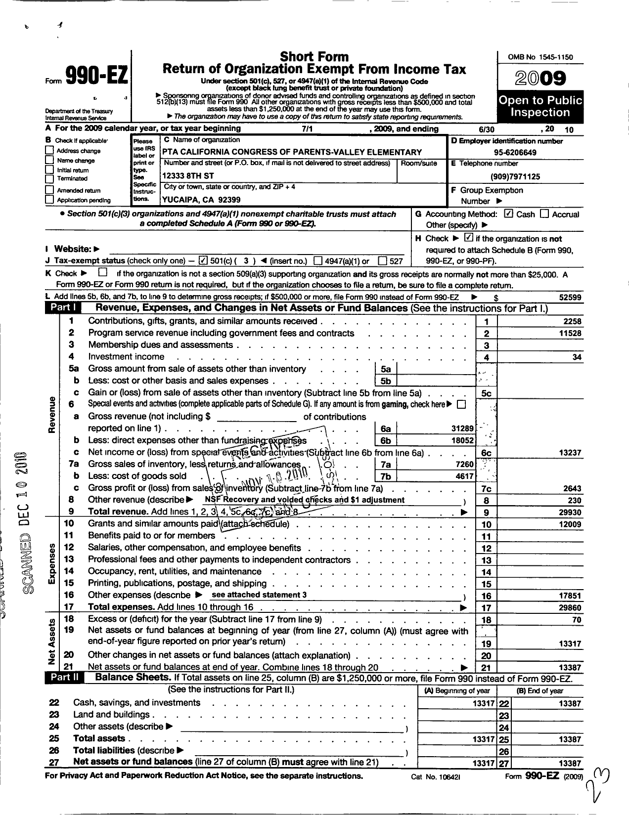 Image of first page of 2009 Form 990EZ for California State PTA - Valley Elementary PTA