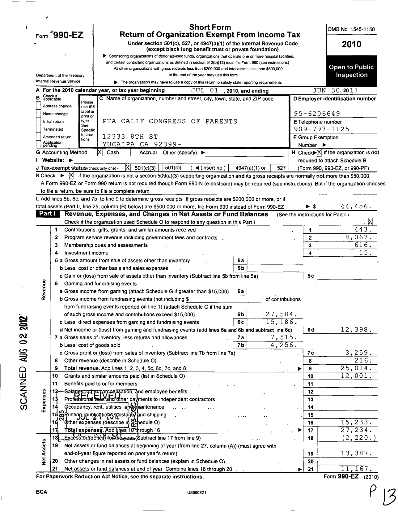 Image of first page of 2010 Form 990EZ for California State PTA - Valley Elementary PTA