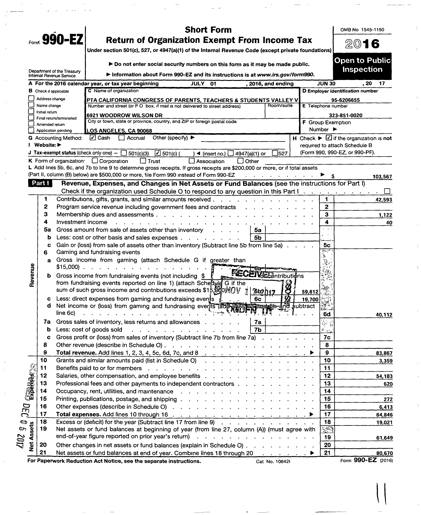 Image of first page of 2016 Form 990EO for California State PTA - 3743 Valley View Elementary PTA