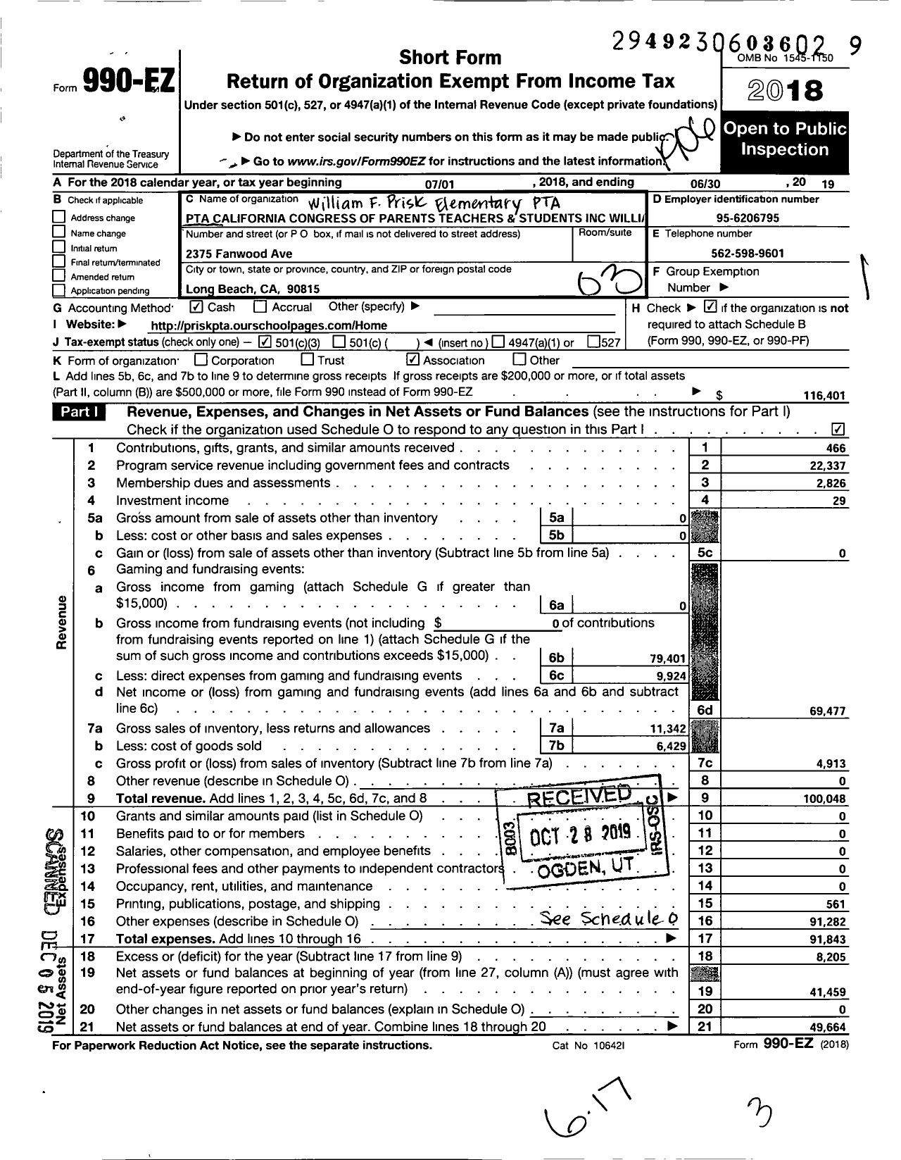 Image of first page of 2018 Form 990EZ for California State PTA - William F Prisk Elementary PTA