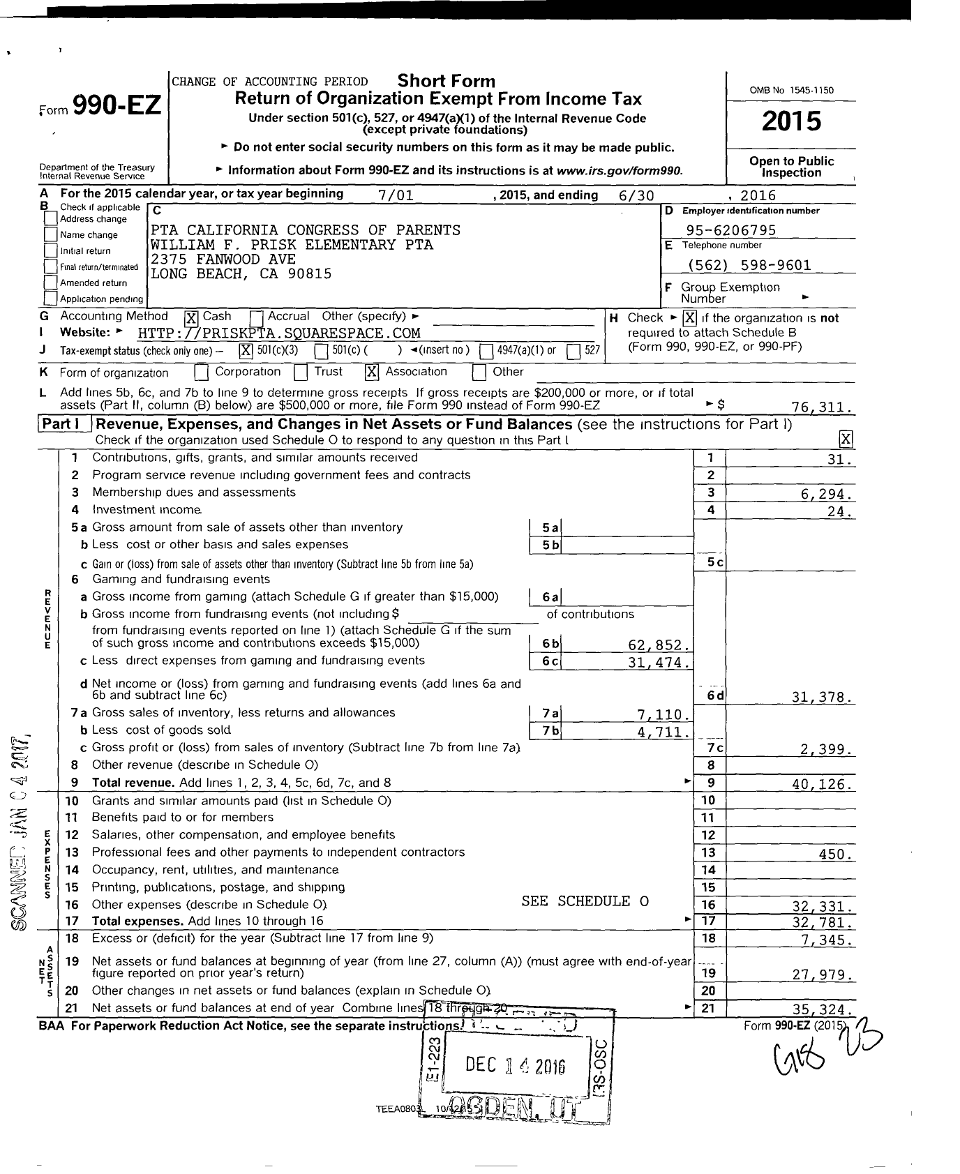 Image of first page of 2015 Form 990EZ for California State PTA - William F Prisk Elementary PTA