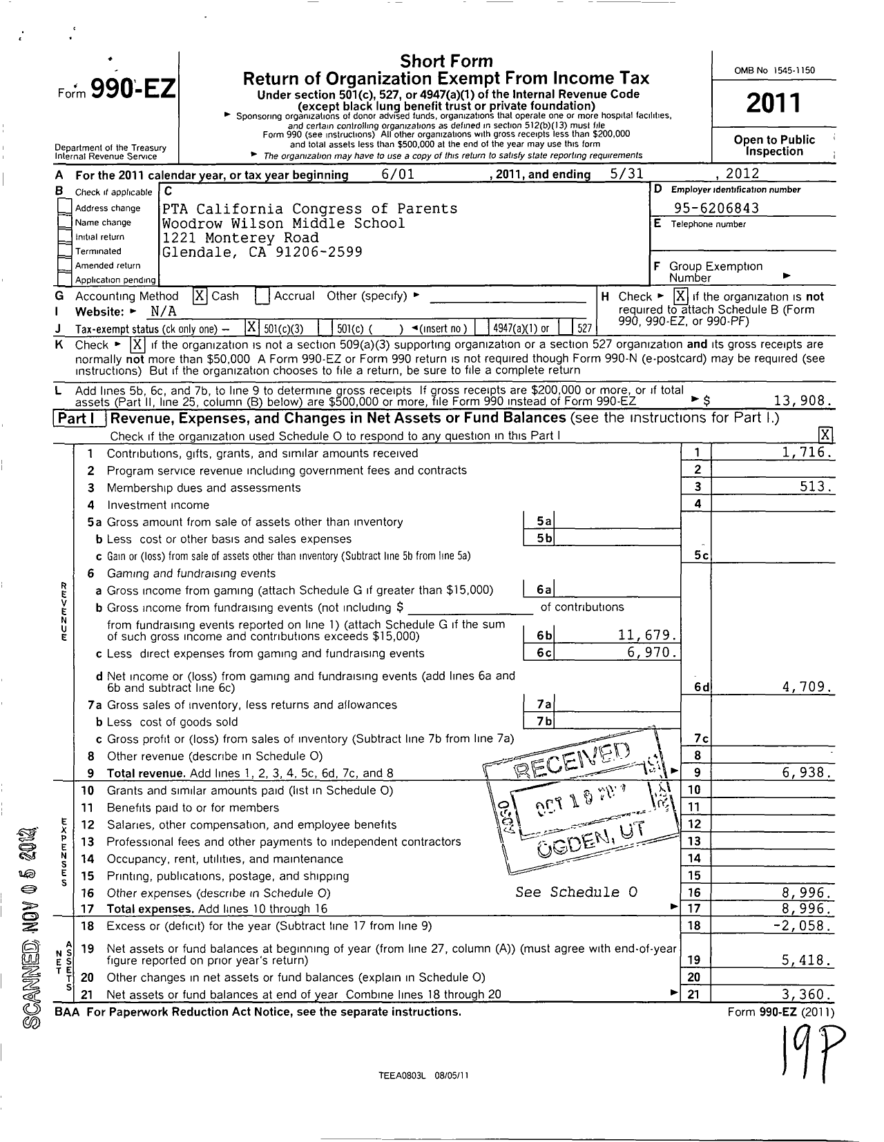 Image of first page of 2011 Form 990EZ for California State PTA - Woodrow Wilson Middle School Ptsa