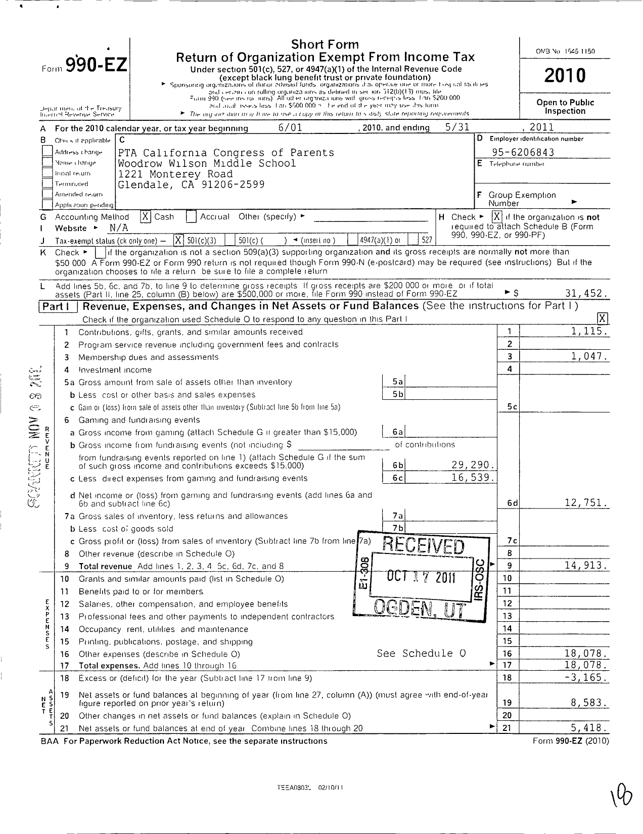 Image of first page of 2010 Form 990EZ for California State PTA - Woodrow Wilson Middle School Ptsa