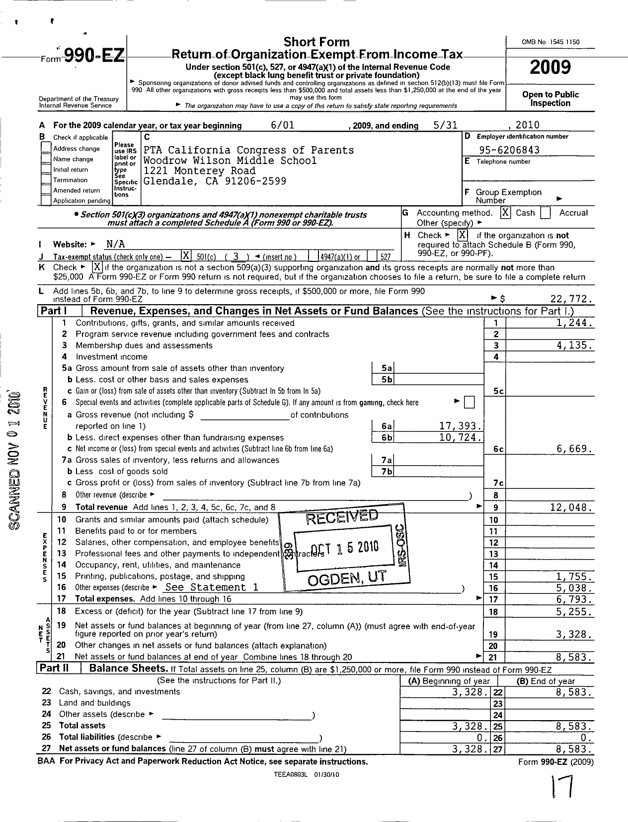 Image of first page of 2009 Form 990EZ for California State PTA - Woodrow Wilson Middle School Ptsa