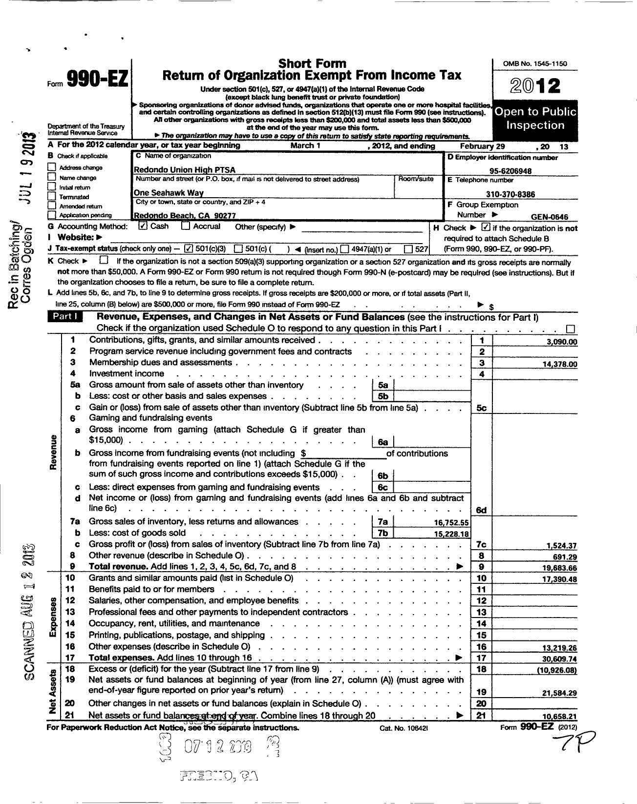 Image of first page of 2012 Form 990EZ for California State PTA - Redondo Union High Ptsa