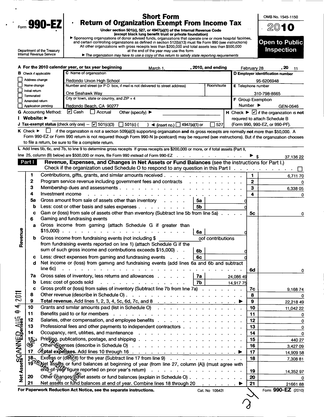 Image of first page of 2010 Form 990EZ for California State PTA - Redondo Union High Ptsa