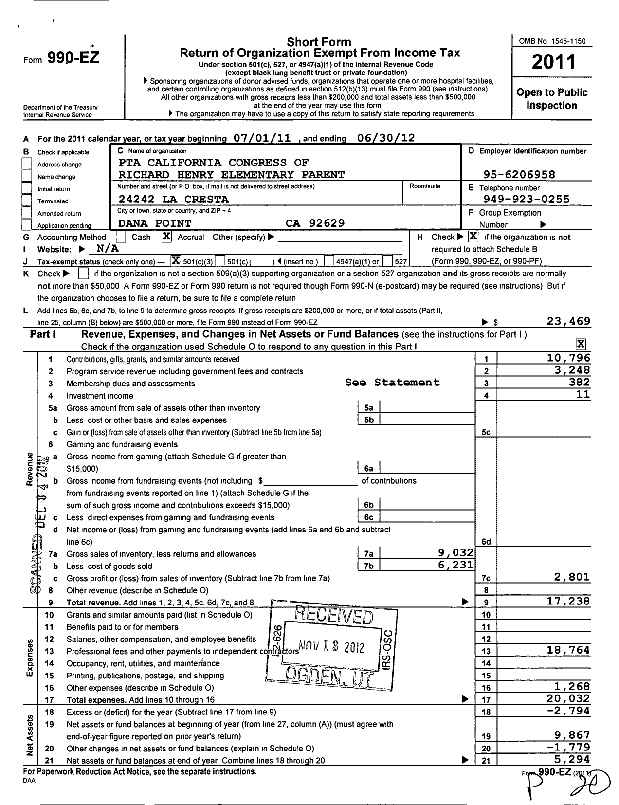 Image of first page of 2011 Form 990EZ for California State PTA - RH Dana PTA