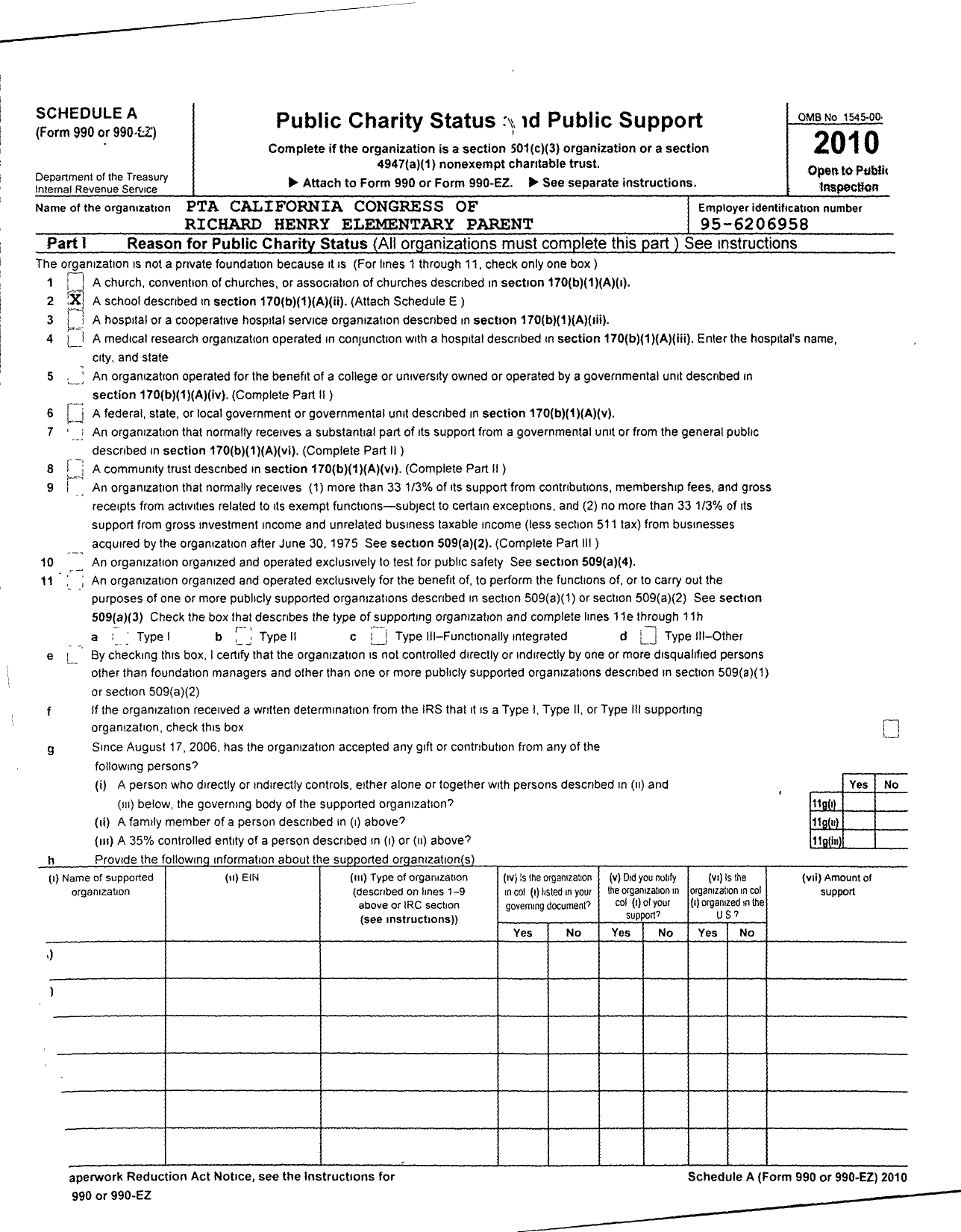 Image of first page of 2010 Form 990ER for California State PTA - RH Dana PTA