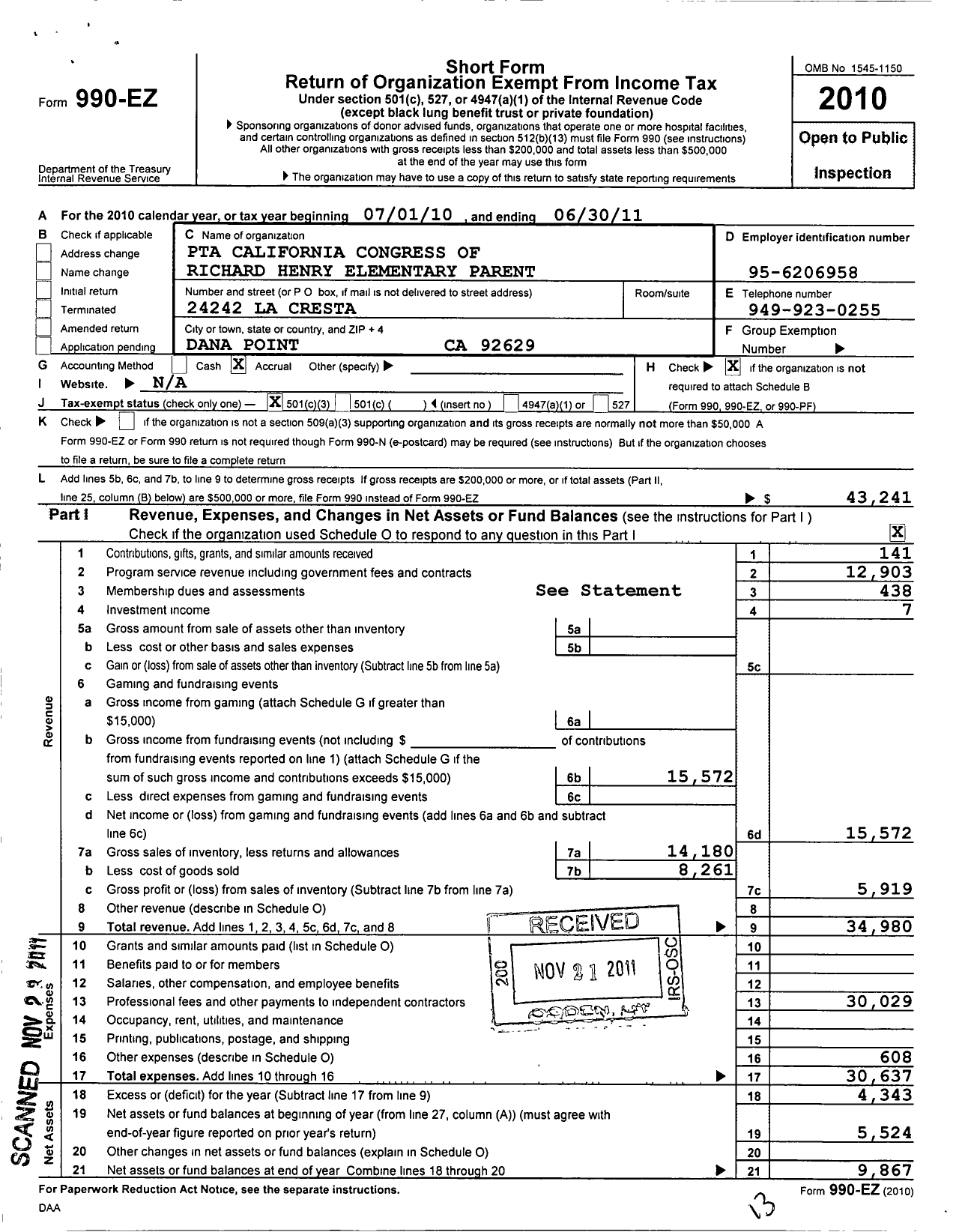 Image of first page of 2010 Form 990EZ for California State PTA - RH Dana PTA