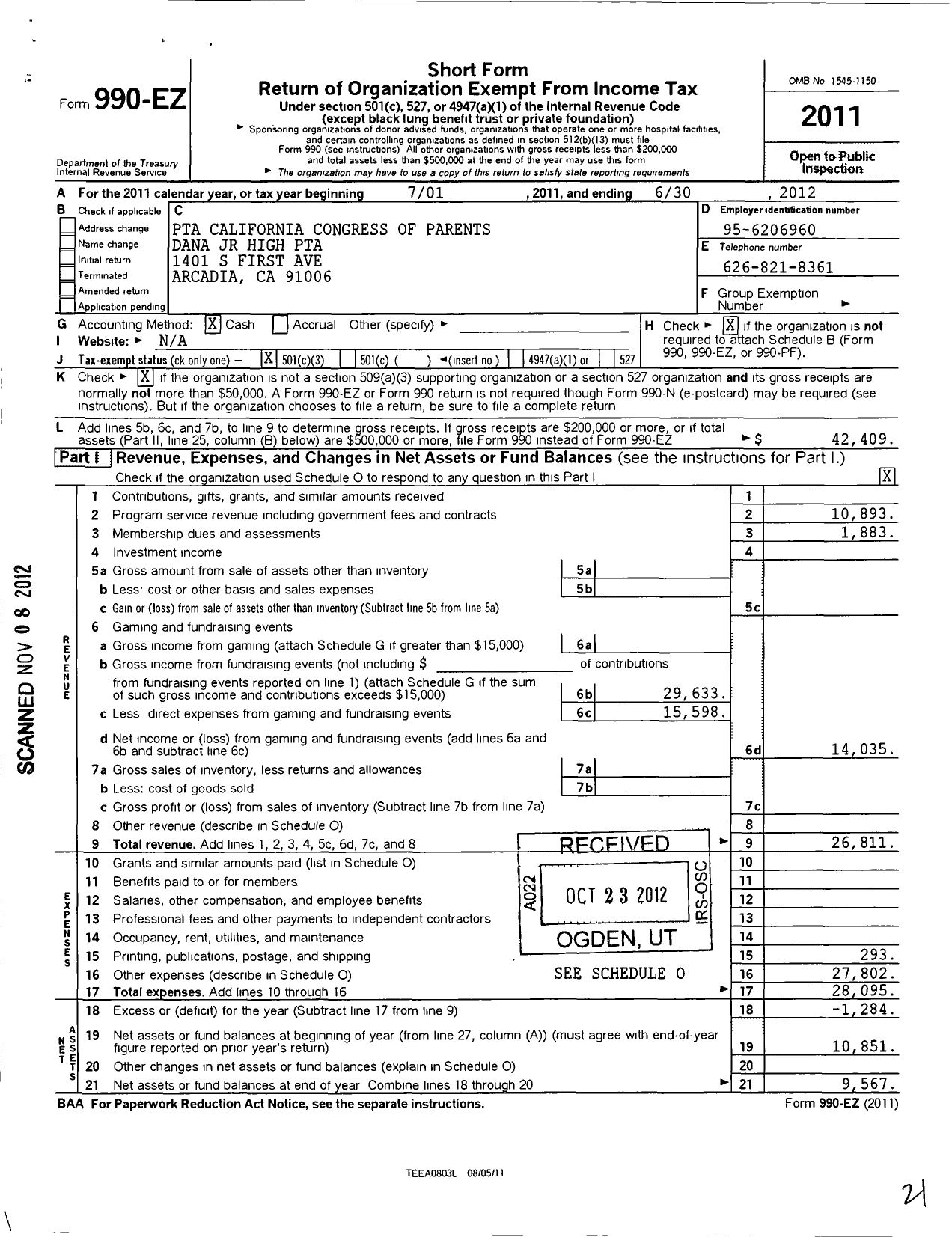 Image of first page of 2011 Form 990EZ for California State PTA - Richard Henry Dana JR Mid SCH Ptsa