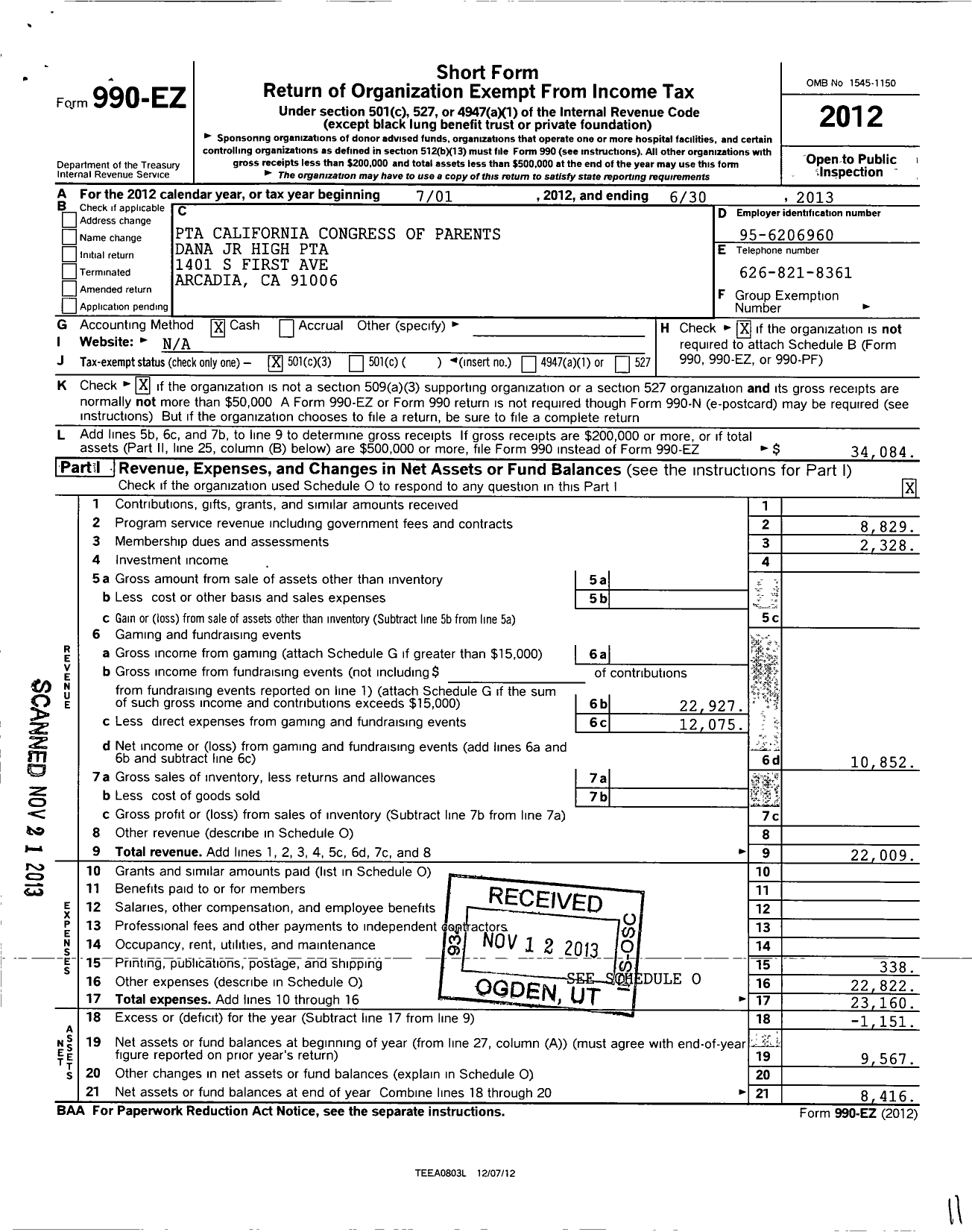 Image of first page of 2012 Form 990EZ for California State PTA - Richard Henry Dana JR Mid SCH Ptsa