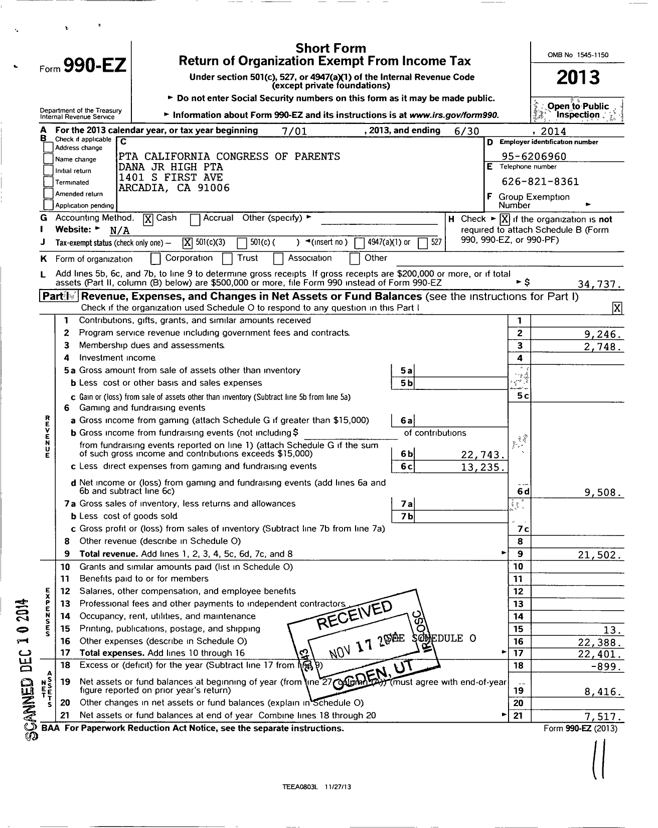 Image of first page of 2013 Form 990EZ for California State PTA - Richard Henry Dana JR Mid SCH Ptsa