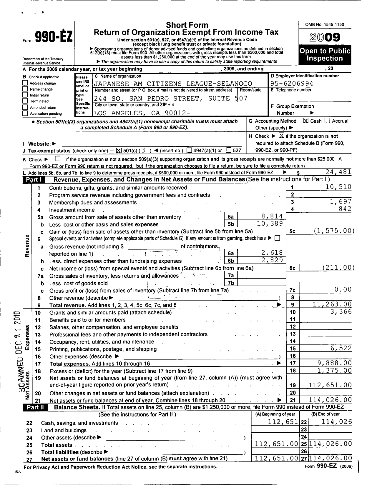 Image of first page of 2009 Form 990EZ for Japanese American Citizens League / Selanoco Chapter