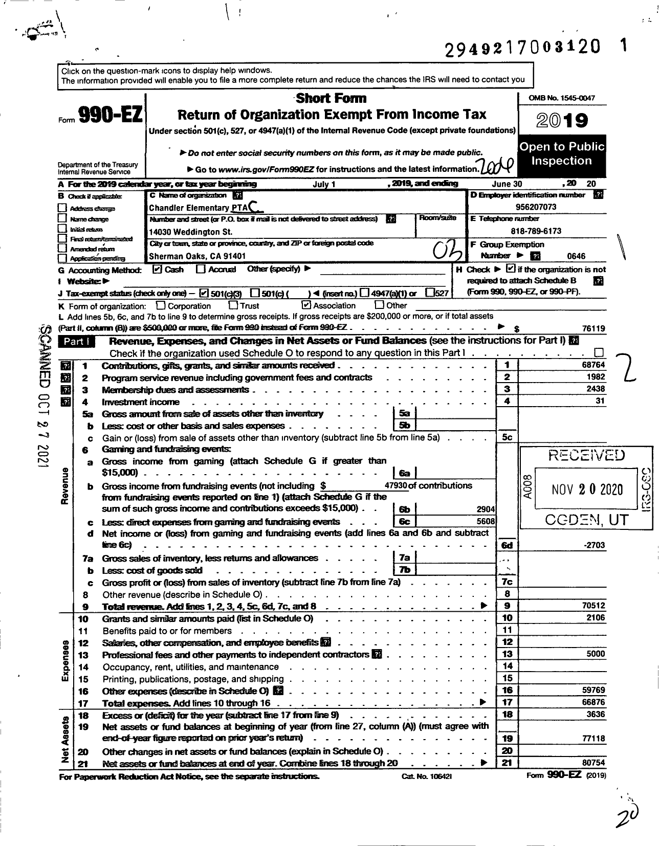 Image of first page of 2019 Form 990EZ for California State PTA - Chandler Elementary PTA